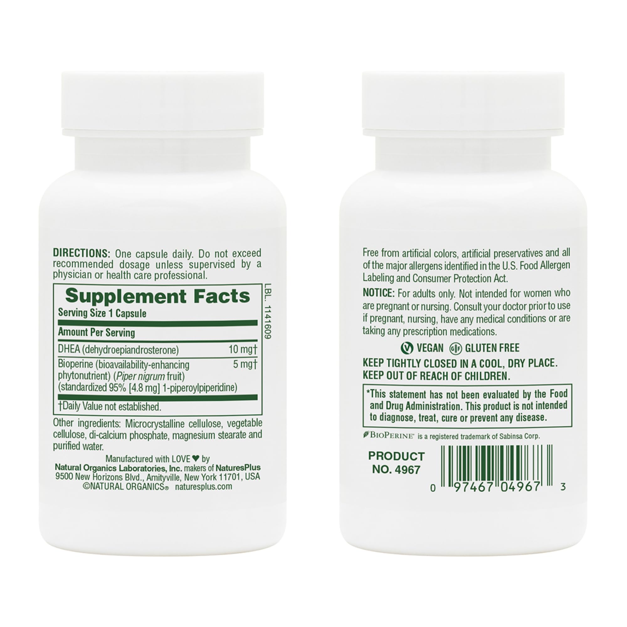 Natures Plus DHEA-10 with Bioperine - 10 mg, 90 Vegetarian Capsules (Gluten-Free)