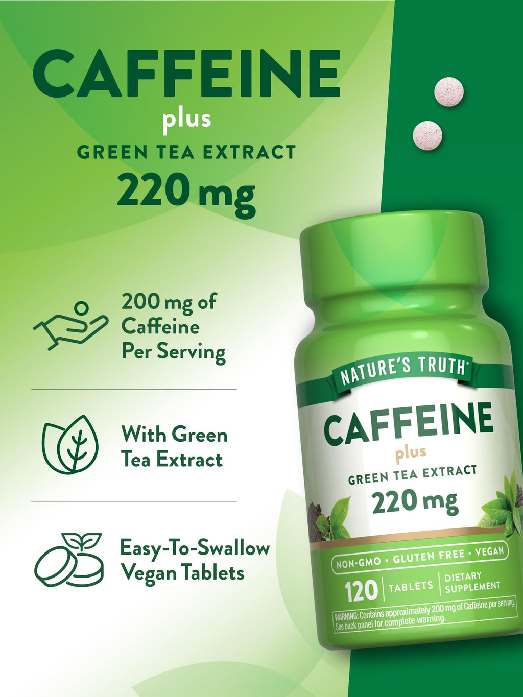 Nature's Truth Caffeine Pills 220mg | 120 Count | Green Tea Extract | Vegan, Non-GMO, Gluten Free