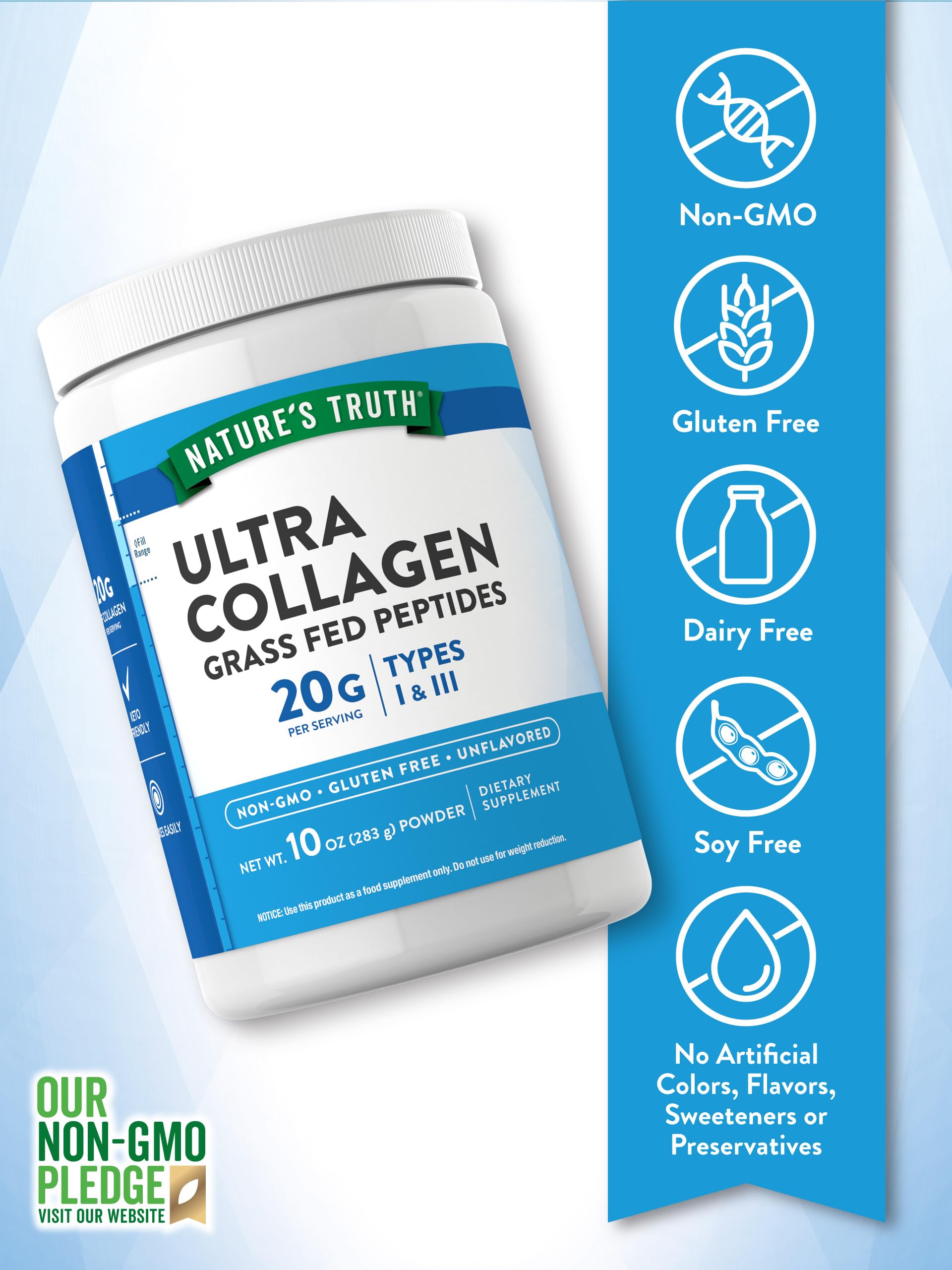 Nature's Truth Collagen Peptides Powder Unflavored - Grass-Fed Type I & III, 10 oz