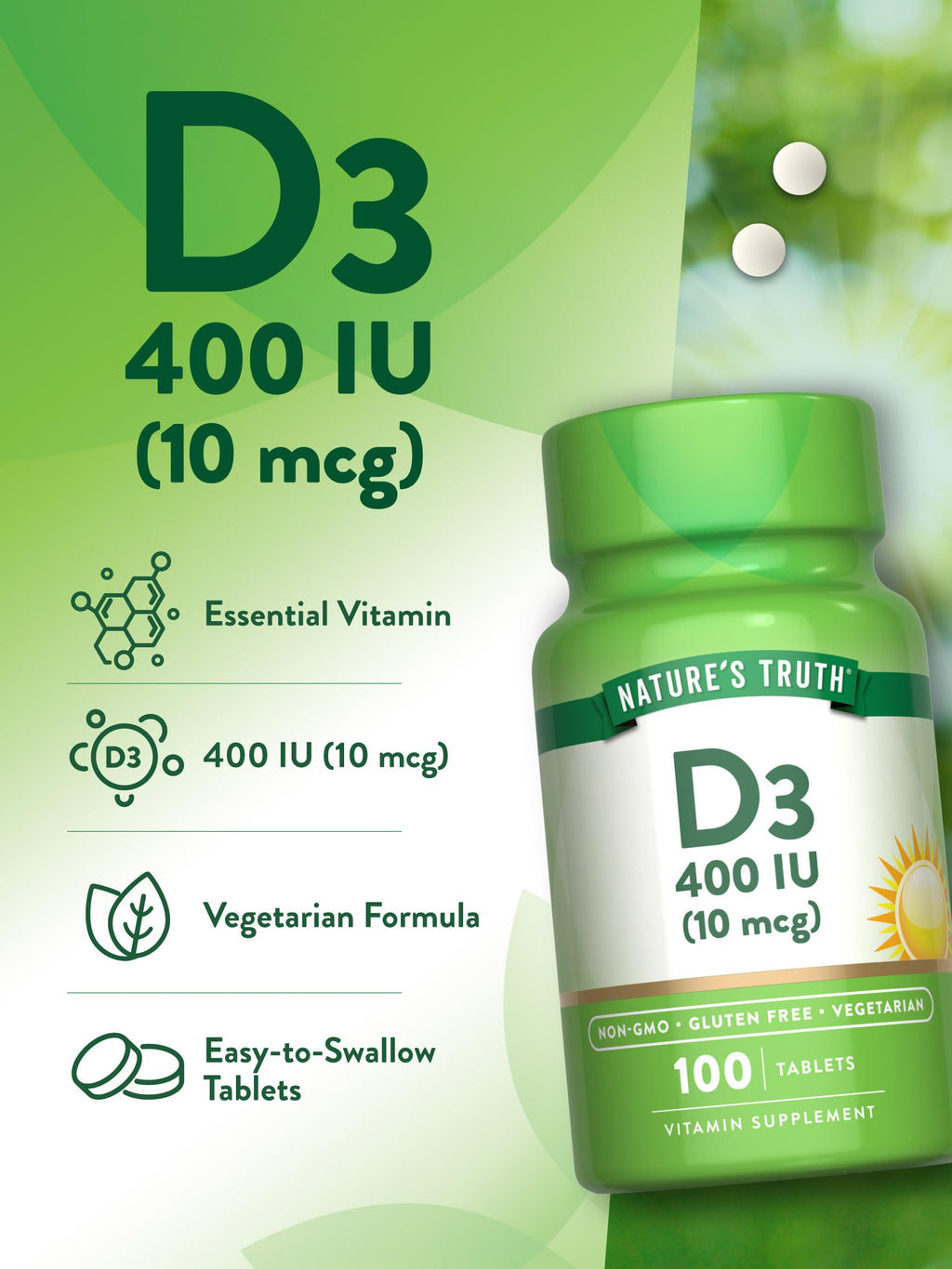 Nature's Truth Vitamin D3 400 IU – 100 Tablets – Pack of 2 | Vegetarian, Non-GMO, Gluten Free