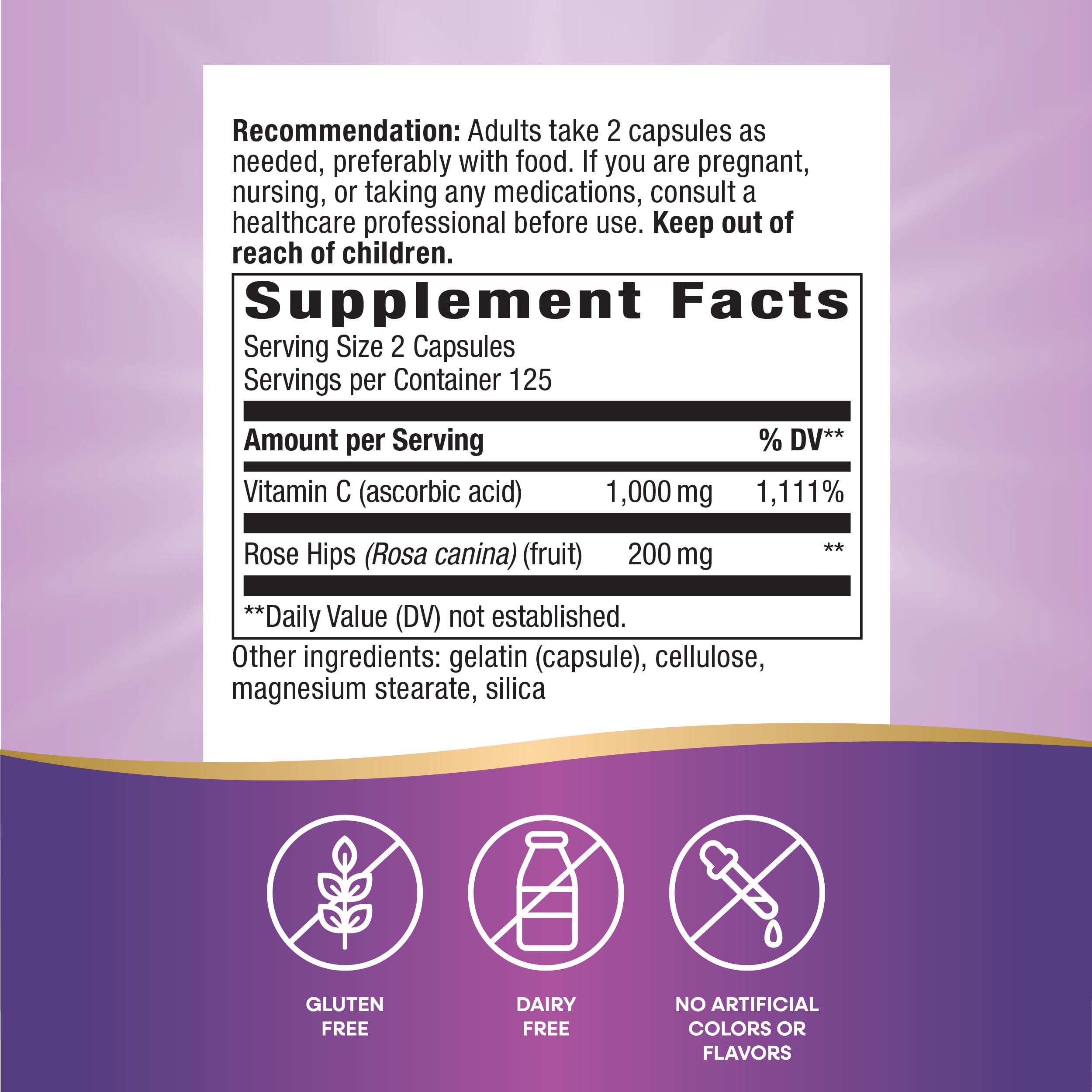 Nature's Way Vitamin C with Rose Hips – 1000 mg per 2-Capsule Serving, Immune Support & Skin Health (500 Capsules)