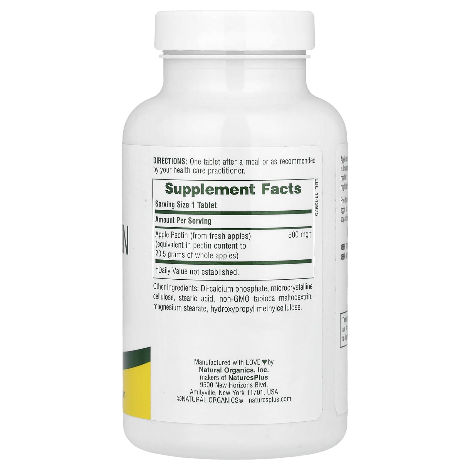 NaturesPlus Apple Pectin 500 mg | 180 Tablets – Natural Fiber Supplement | Vegetarian, Gluten Free