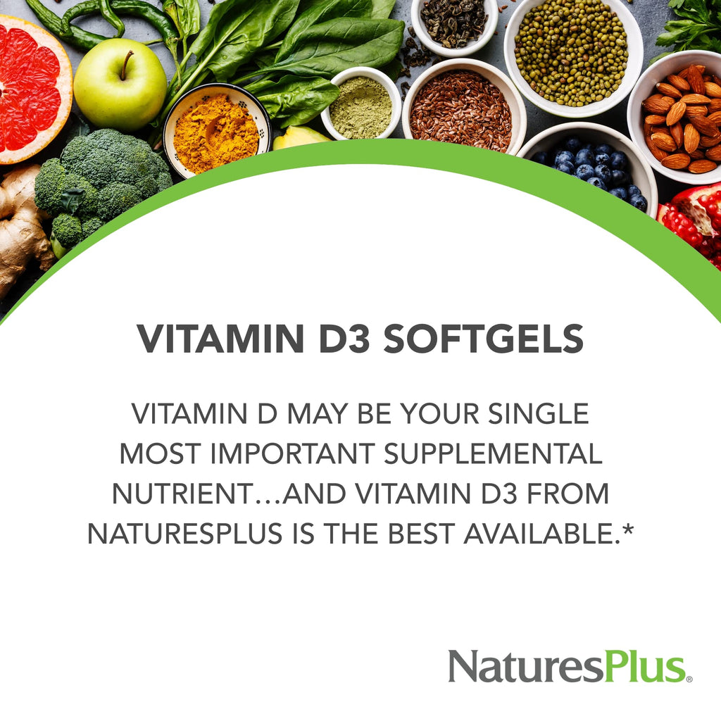 NaturesPlus Vitamin D3 5000 IU (Cholecalciferol) – 60 Softgels | Bone & Immune Support | Gluten-Free