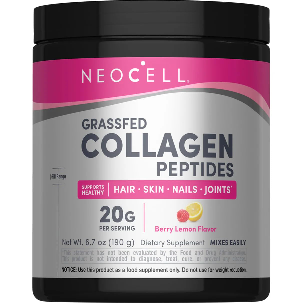 NeoCell Super Collagen Peptides – 10g Per Serving, Berry Lemon, Gluten Free, Keto, Non-GMO, Grass-Fed | 6.7 oz Canister