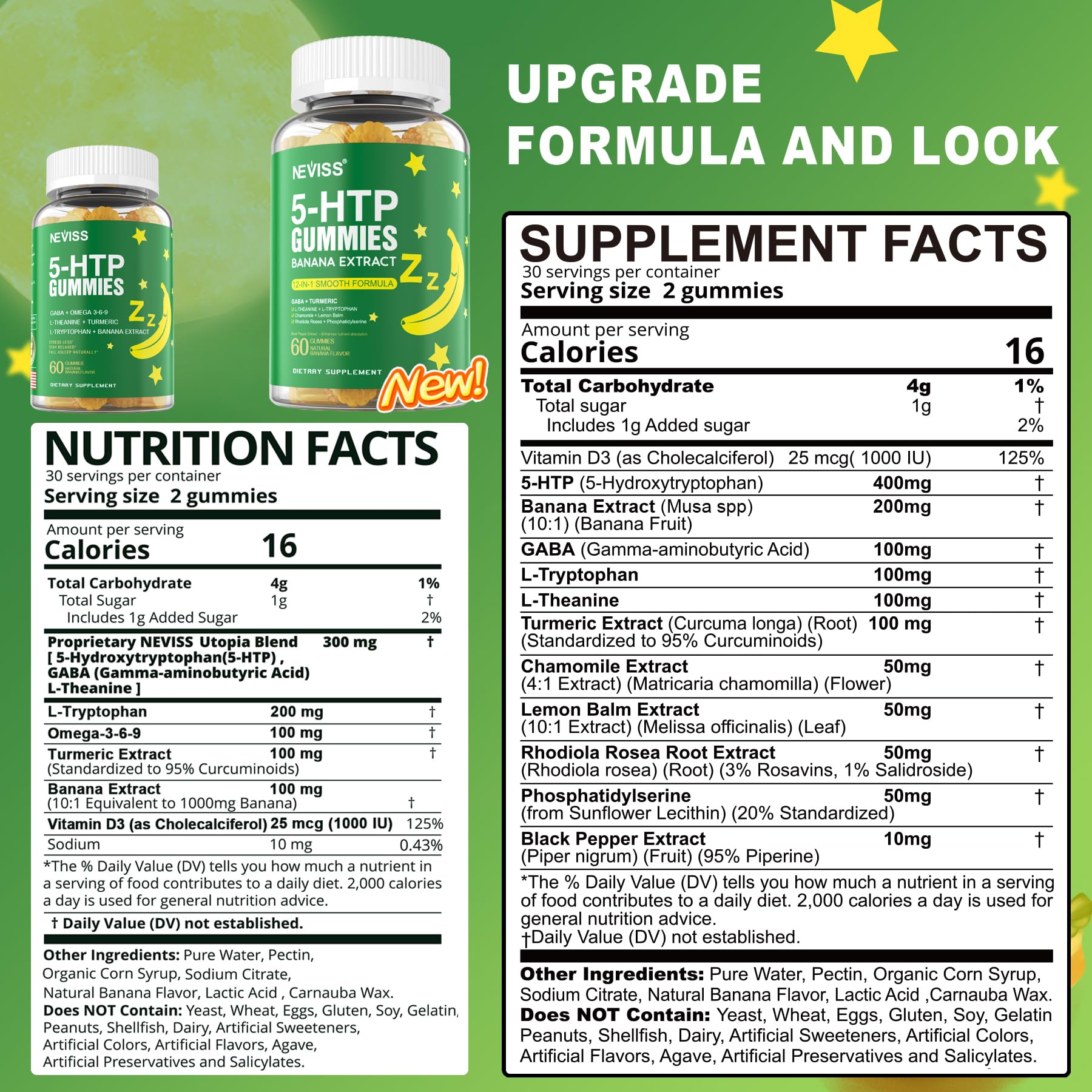 NEVISS 1Pack 5-HTP Gummies + GABA – Melatonin Free, Sleep & Relaxation