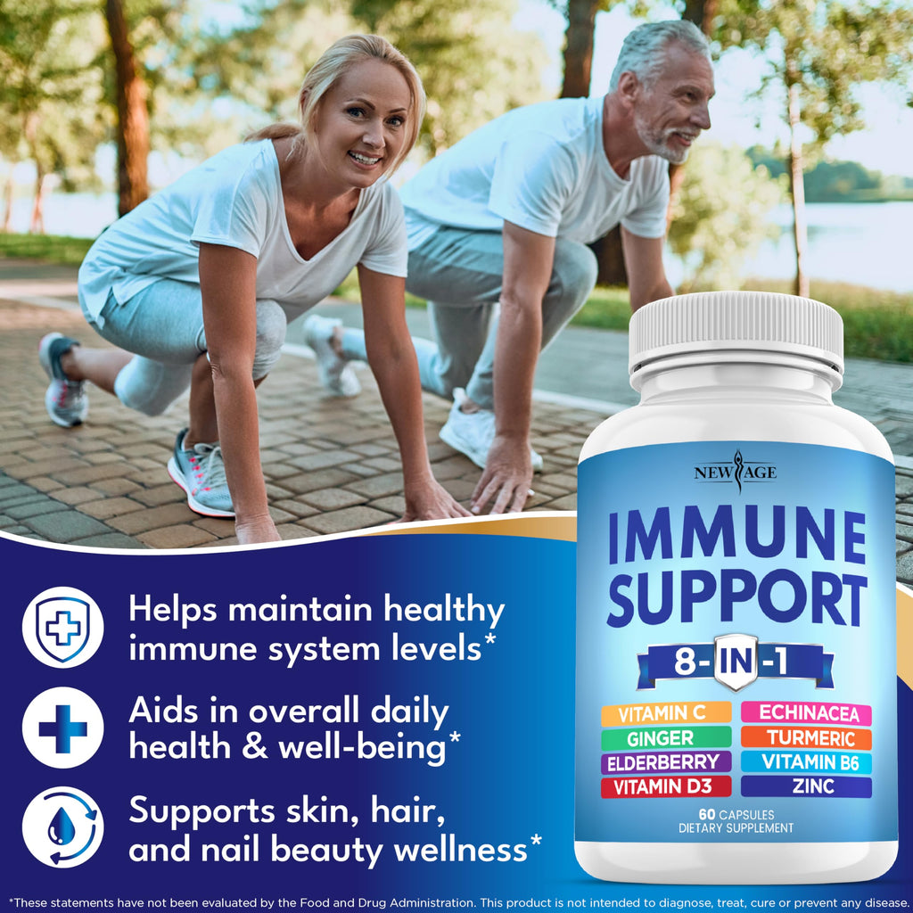 NEW AGE 8-in-1 Immune Support Capsules – Vitamin C, D3, Zinc, Elderberry (Pack of 5)