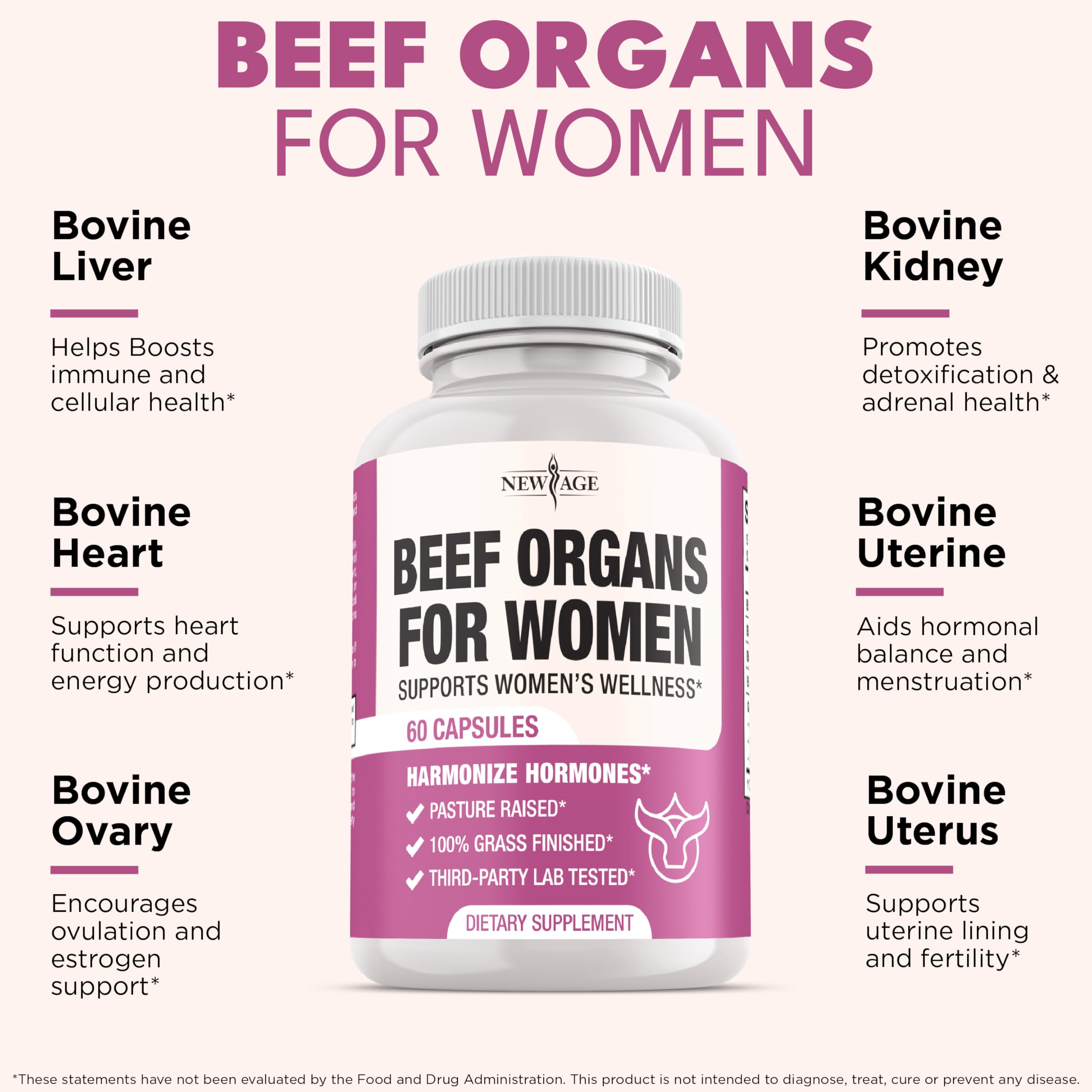 NEW AGE Beef Organ Supplement for Women – Grass-Fed Liver, Kidney, Heart & Uterus Tissue | 180 Capsules