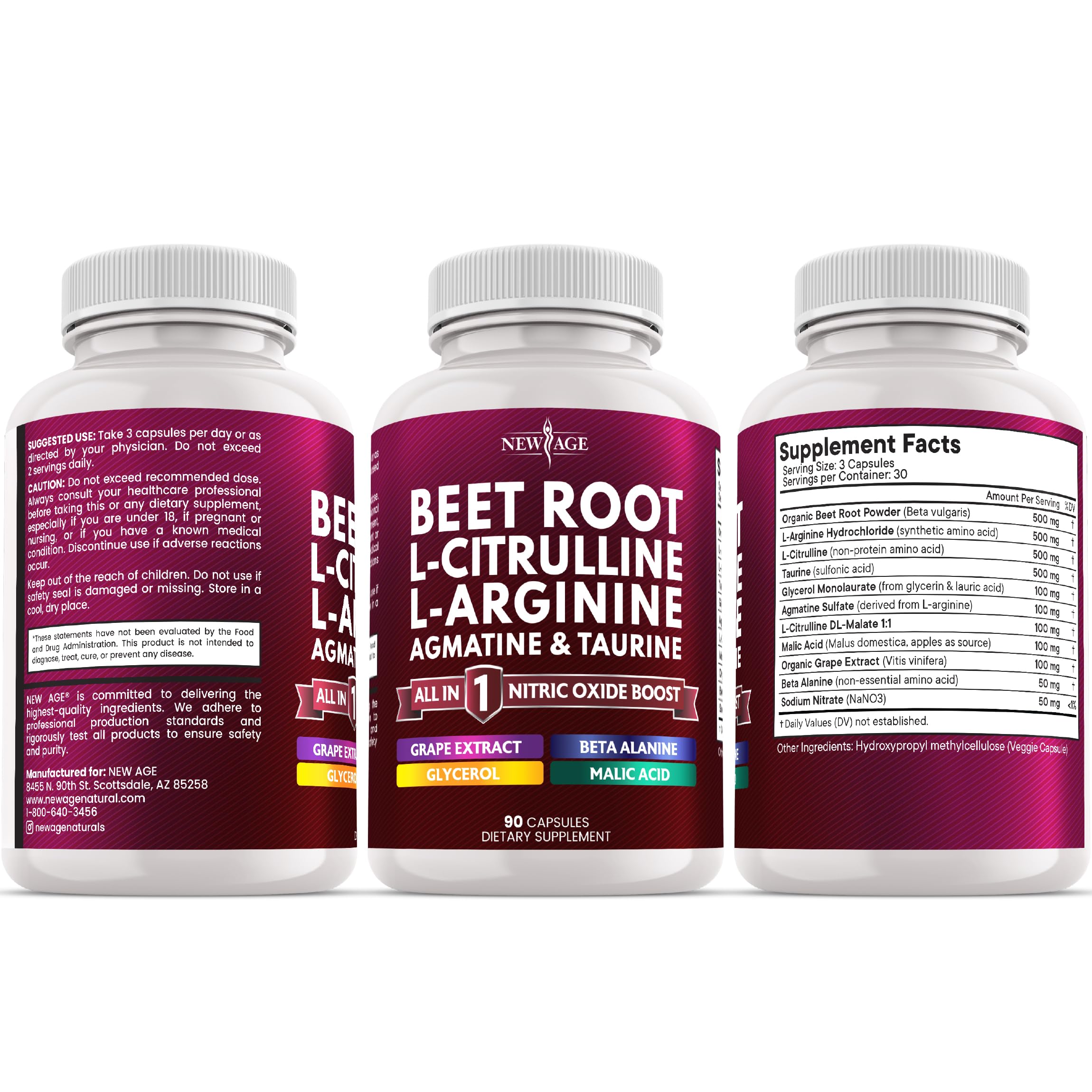 NEW AGE Beet Root Capsules - L-Arginine, L-Citrulline & Nitric Oxide Supplement – 90 Vegan Capsules
