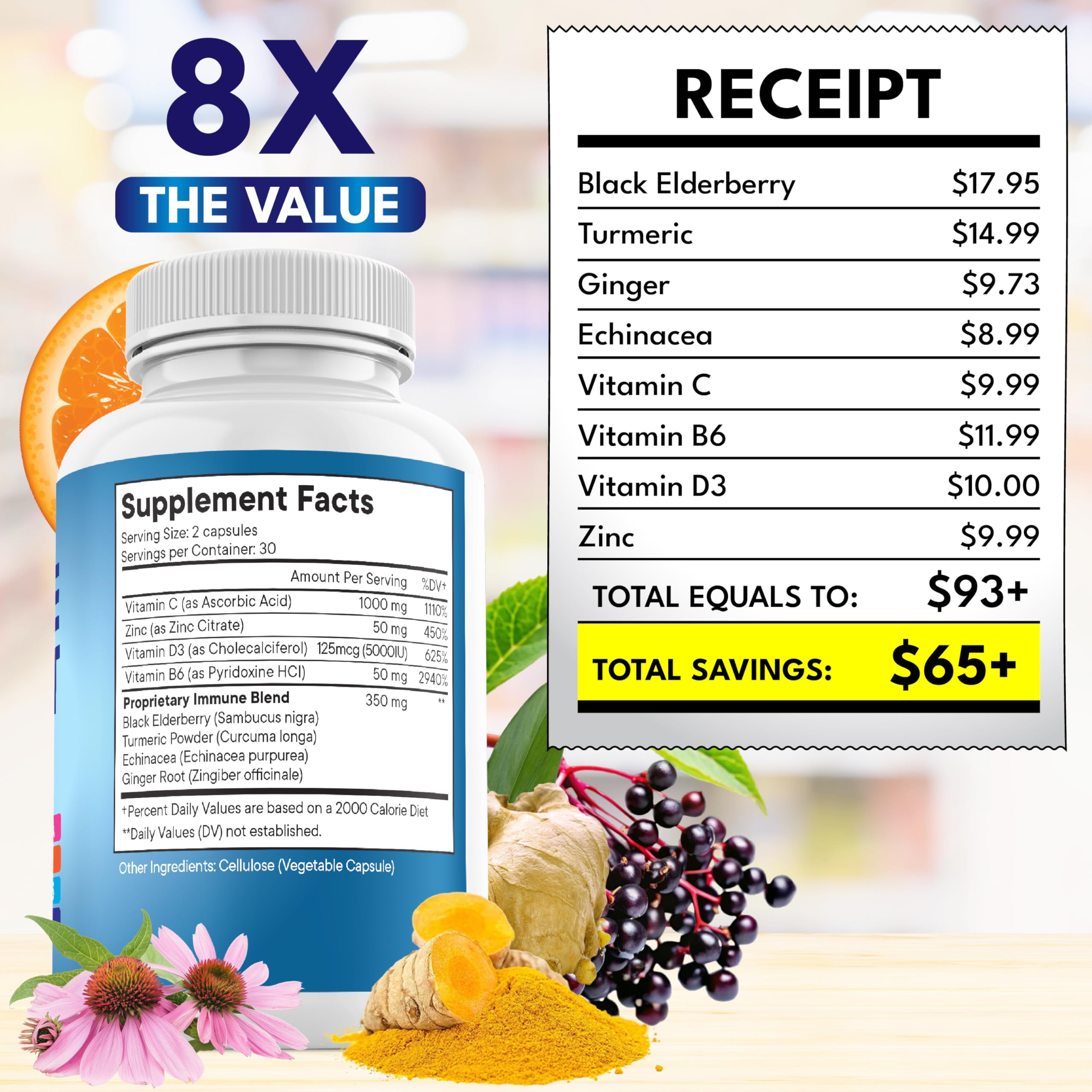 NEW AGE 8 in 1 Immune Support Booster – Vitamin D 5000 IU, Vitamin C 1000 mg, Zinc 50 mg, Elderberry & Echinacea – 180 Capsules (Pack of 3)