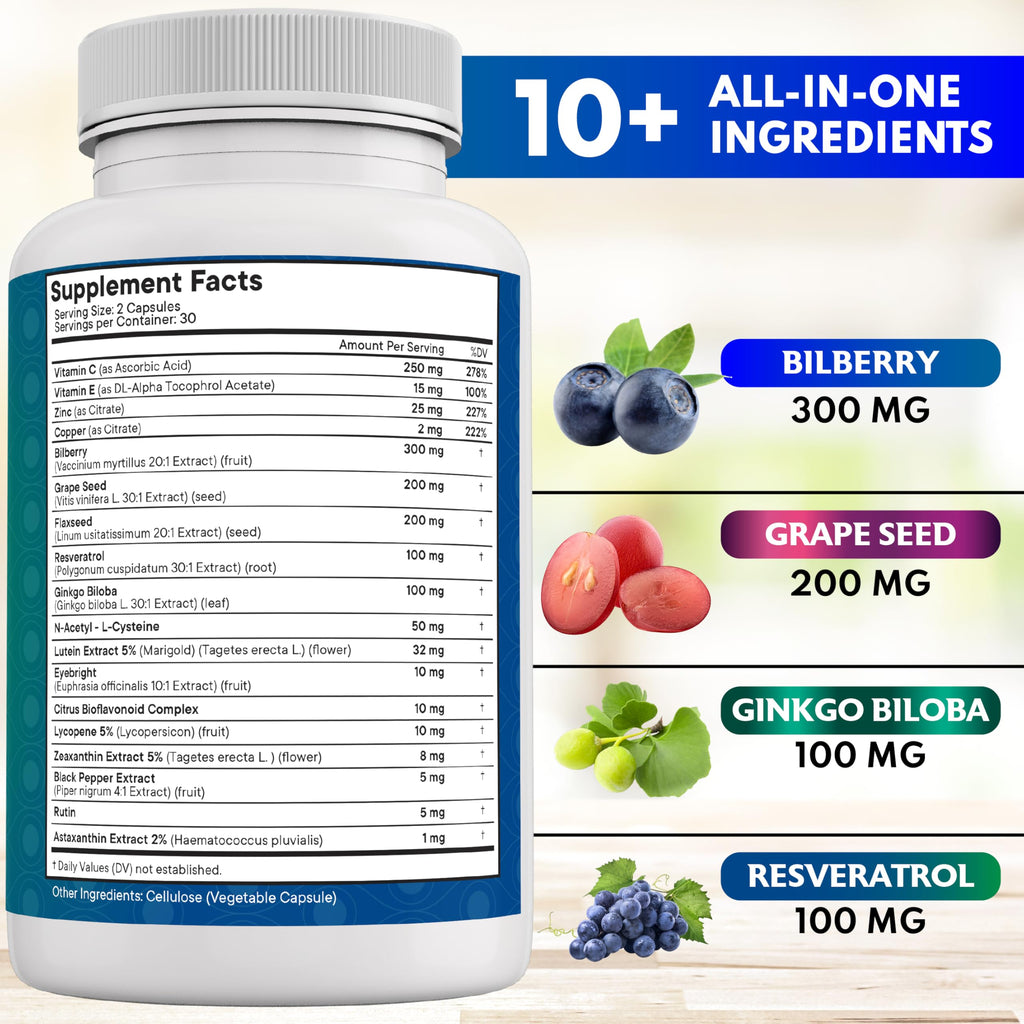 NEW AGE Eye Health Vitamins with Bilberry 300mg Lutein & Zeaxanthin 40mg Lycopene 40mg Resveratrol 100mg Grape Seed Extract 200mg Astaxanthin - Eye Vitamin -120 Count