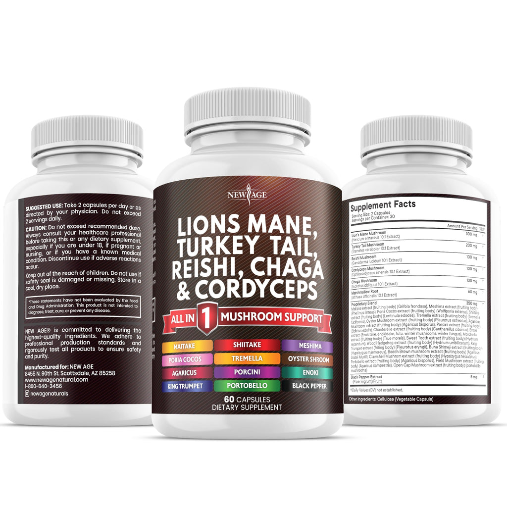 NEW AGE Lions Mane Mushroom Supplement with Turkey Tail, Reishi, Cordyceps, Chaga + Marshmallow Root – 120 Count