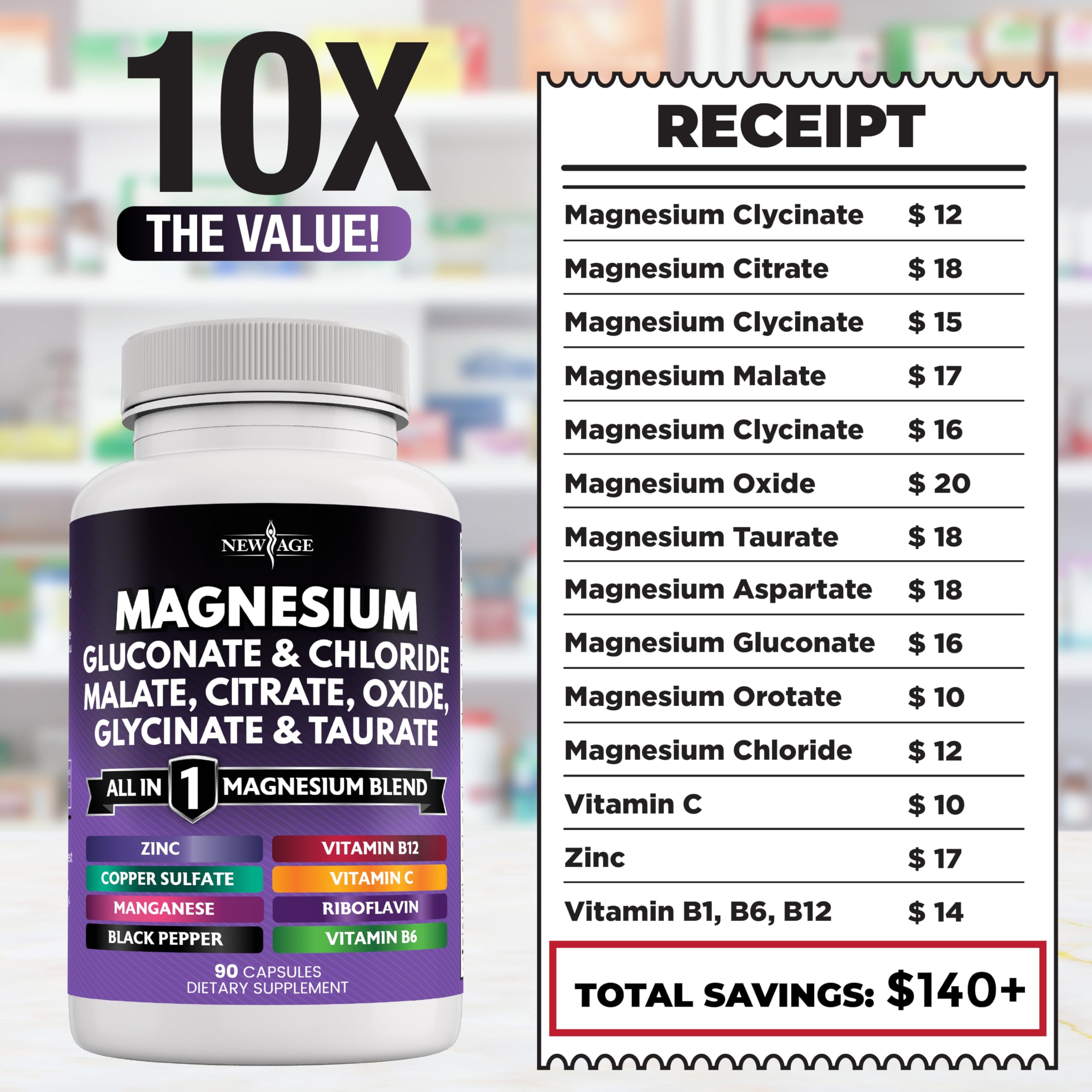 NEW AGE Magnesium Supplement - 2200mg of Glycinate, Citrate, Malate, Oxide, Taurate & More for Bone & Joint Support | 180 Count