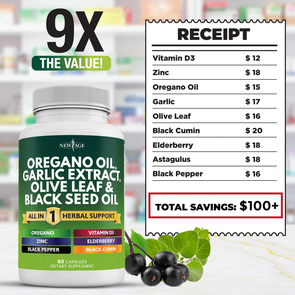 New Age Oregano Oil Garlic Extract Olive Leaf with Astragalus – 120 Count | Immune Support Supplement for Women & Men