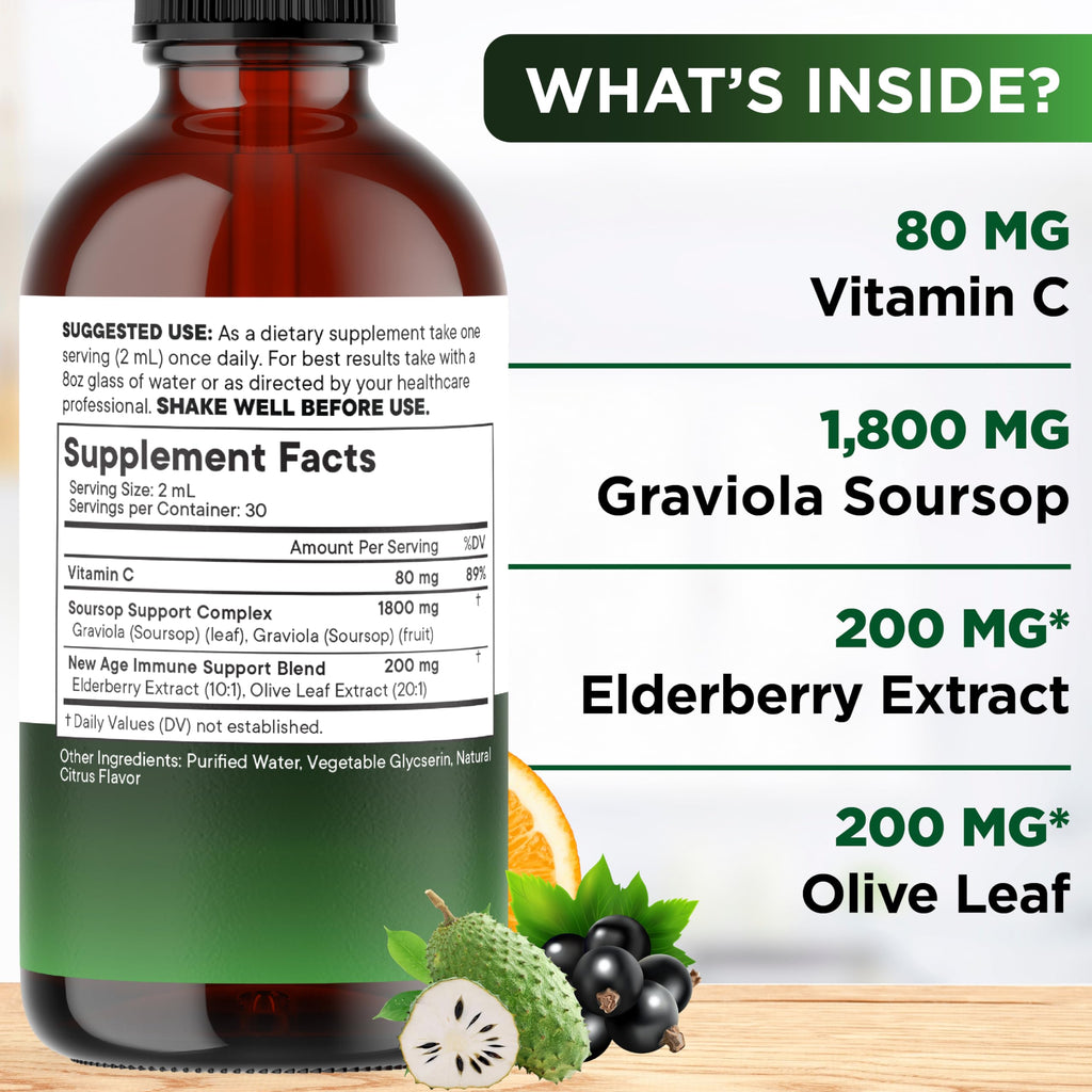 NEW AGE Soursop Drops - Immune Support Soursop Liquid with Elderberry & Vitamin C | 4 oz