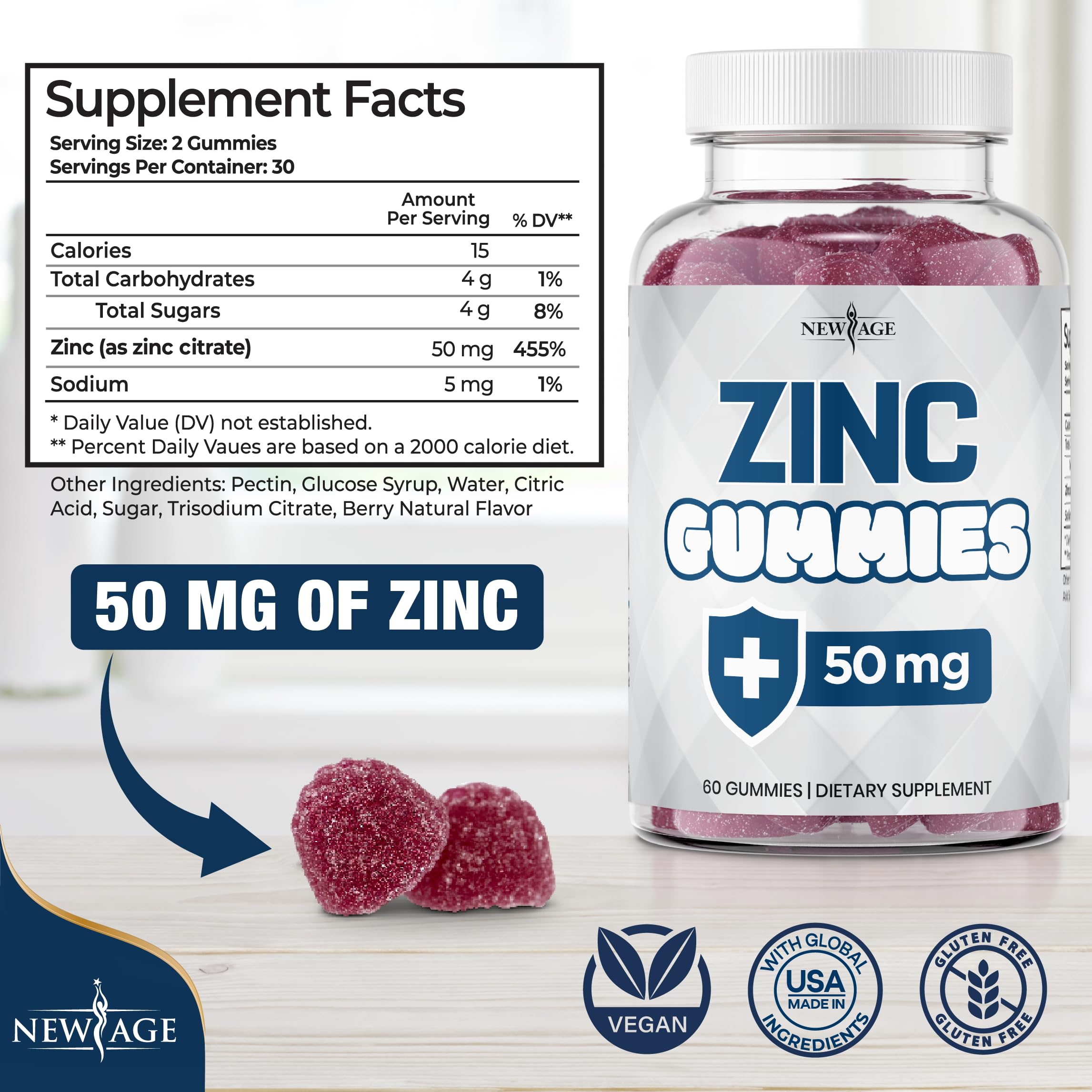 NEW AGE Zinc Gummies – 50mg Zinc, Immune Support, Antioxidant • Non-GMO | 180 Count (Pack of 3)