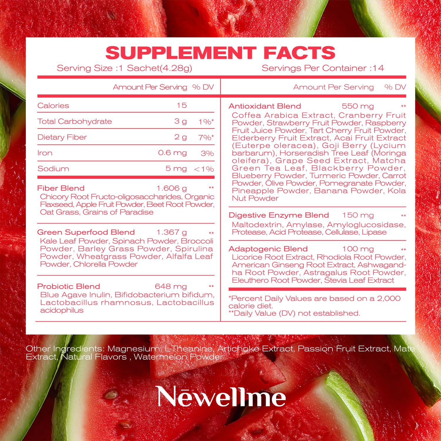 NEWELLME Happy Cleaner Super Greens & Multivitamin Powder with Alfalfa – Watermelon Flavor, 14 Pack
