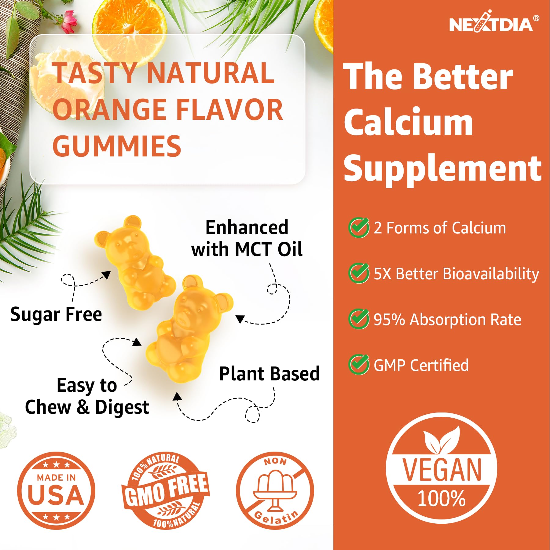 Nextdia Calcium 1200 mg Gummies with Vitamin D3, B12, K2 - Sugar Free, Vegan | Bone & Muscle Support
