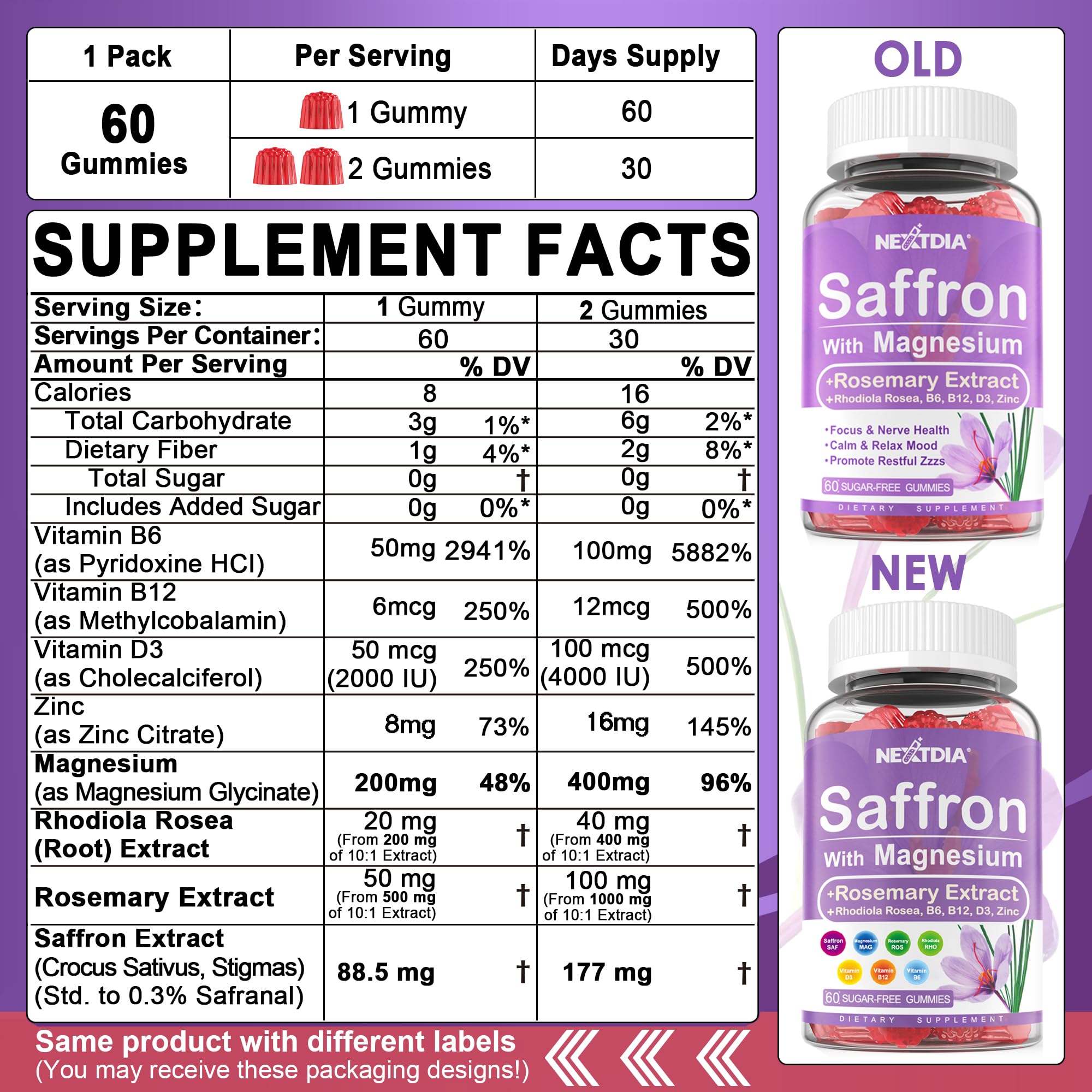 Nextdia Saffron with Magnesium Glycinate Gummies, 2 Months Supply -Sugar Free Magnesium 400/200mg w/Saffron,Rhodiola,Rosemary, B6,B12,D3 for S-leep, Calm,Focus, Relax, Nerve, Melatonin Free Gummies