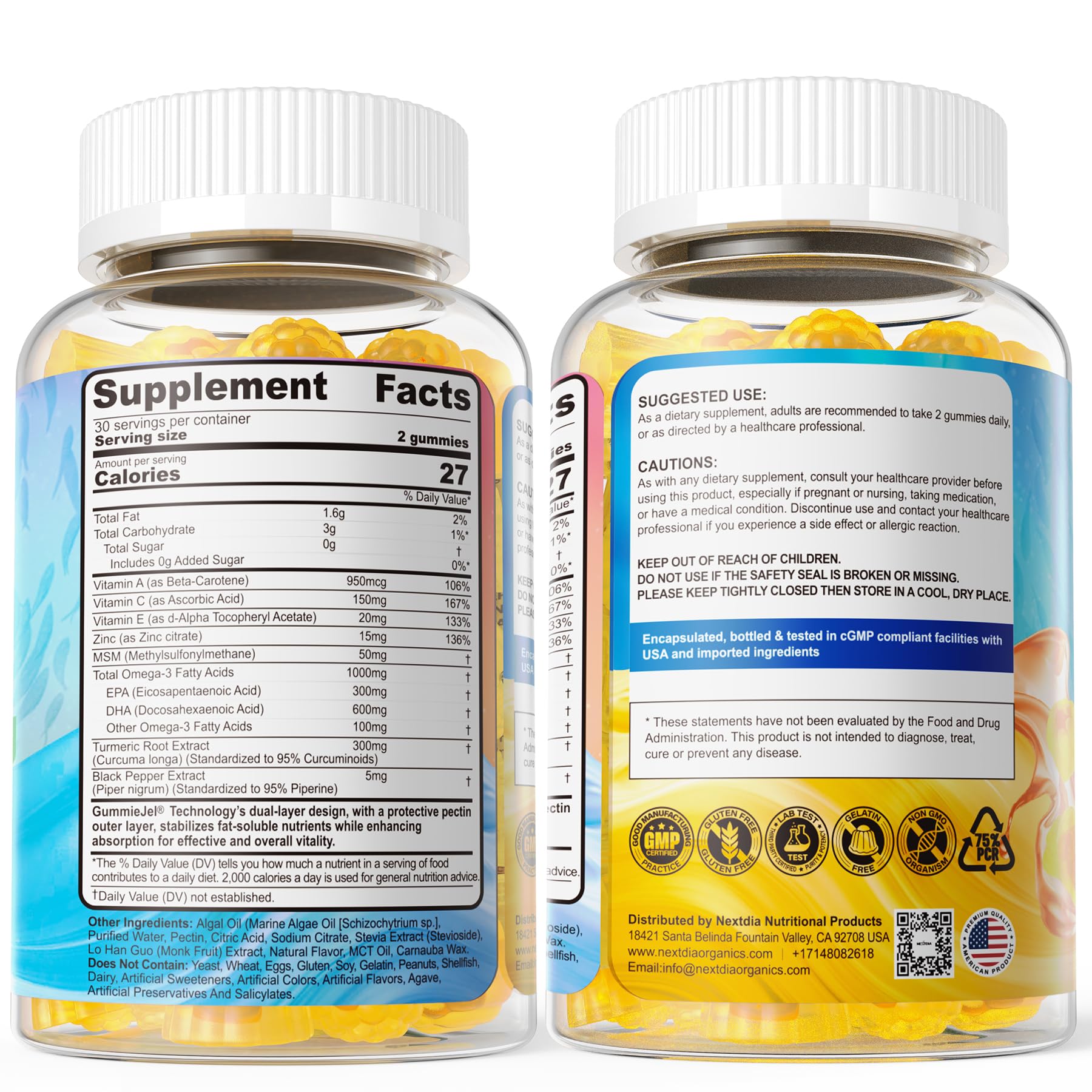 Nextdia Vegan Omega-3 Gummies 1000mg + Turmeric | Algae DHA 600mg & EPA 300mg, Sugar Free, 120 Gummies
