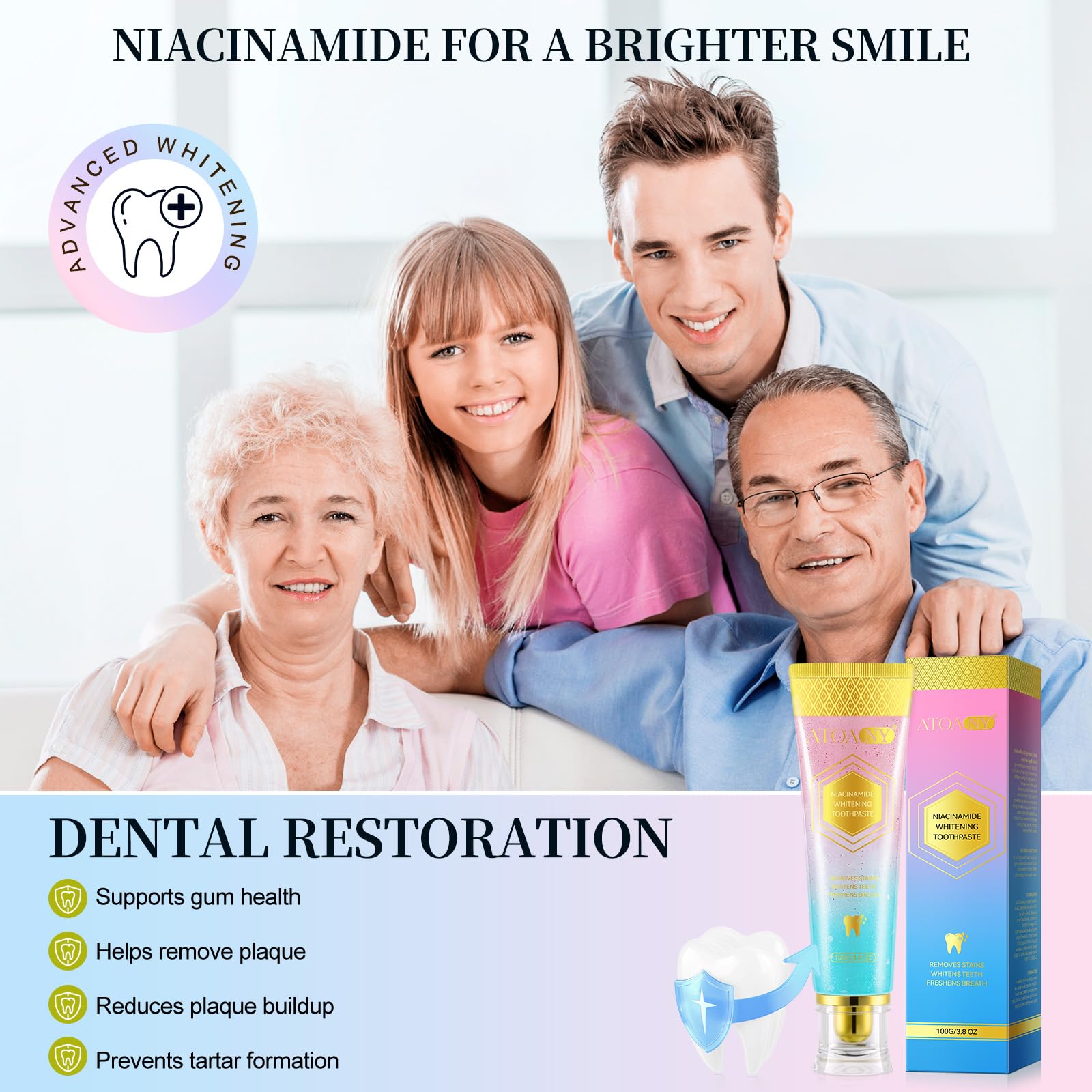 Niacinamide Whitening Toothpaste – Intensive Triple Whitening for Deep Stains, Enamel-Safe, Mint-Peach Flavor, 3.5oz