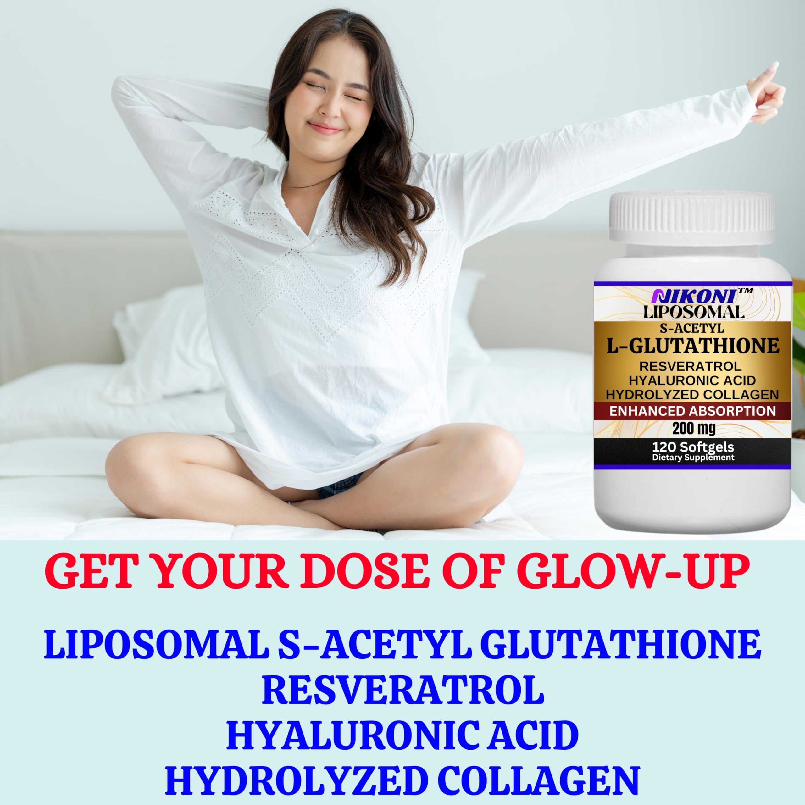 Nikoni Liposomal S-Acetyl L-Glutathione, Resveratrol, HA & Collagen - 500 mg
