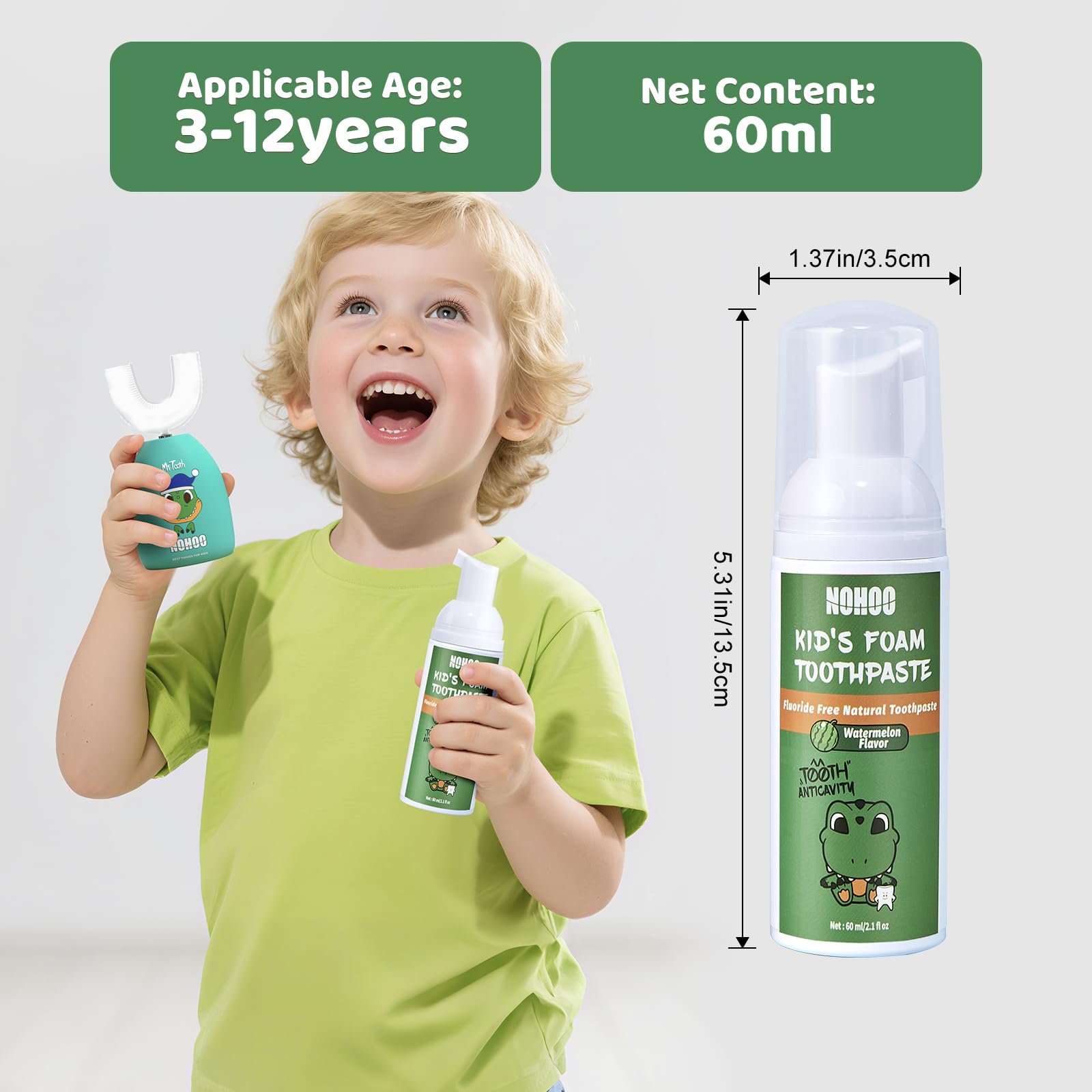 NOHOO Fluoride-Free Foam Toothpaste for Kids – Strawberry & Watermelon