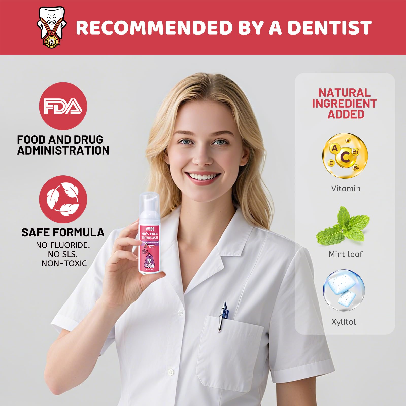 NOHOO Fluoride-Free Foam Toothpaste for Kids – 2 Strawberry + 2 Watermelon (60ml)