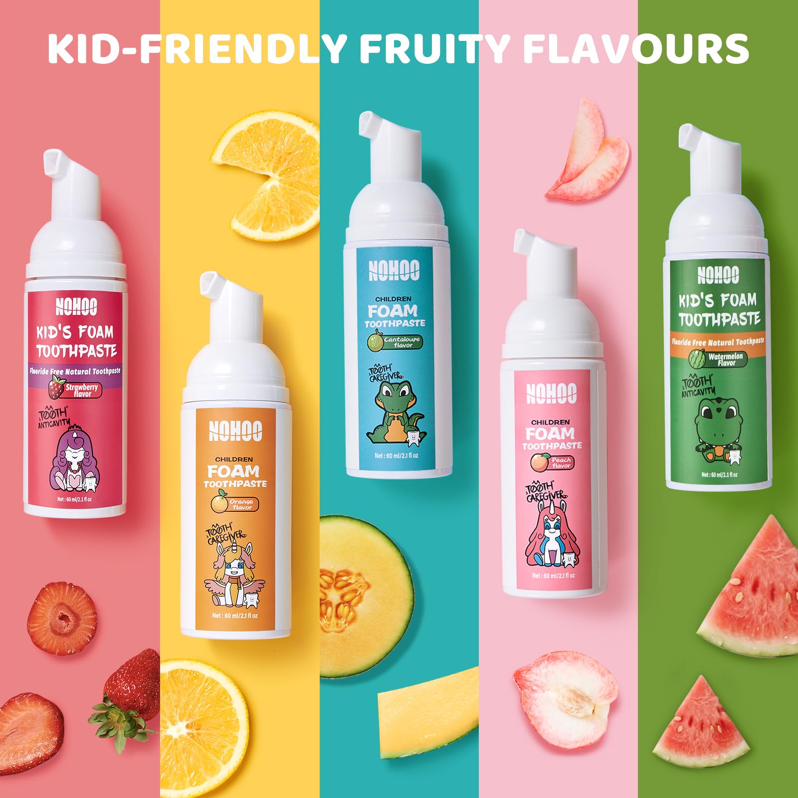 NOHOO Fluoride-Free Foam Toothpaste for Kids – 2 Strawberry + 2 Watermelon (60ml)