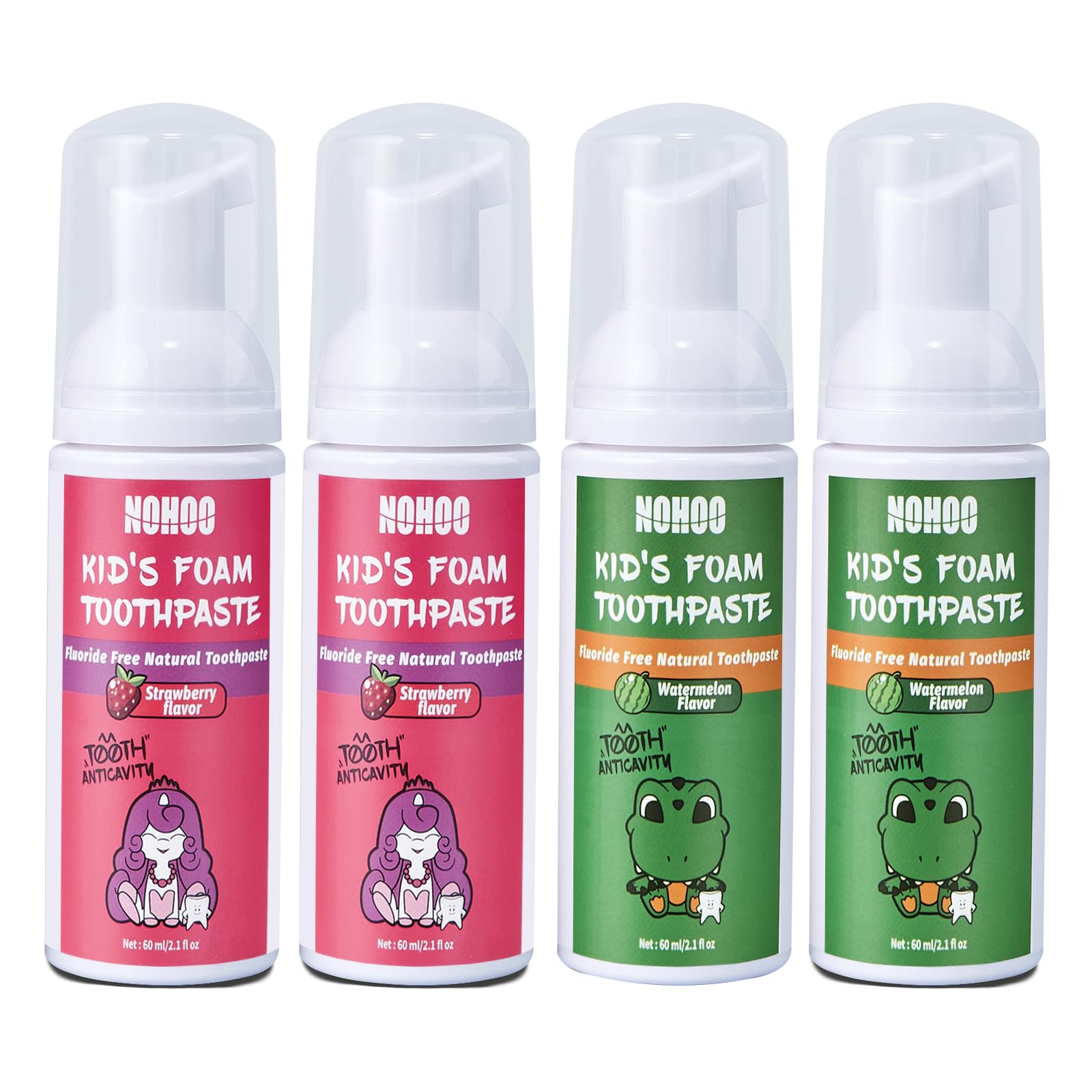 NOHOO Fluoride-Free Foam Toothpaste for Kids – 2 Strawberry + 2 Watermelon (60ml)