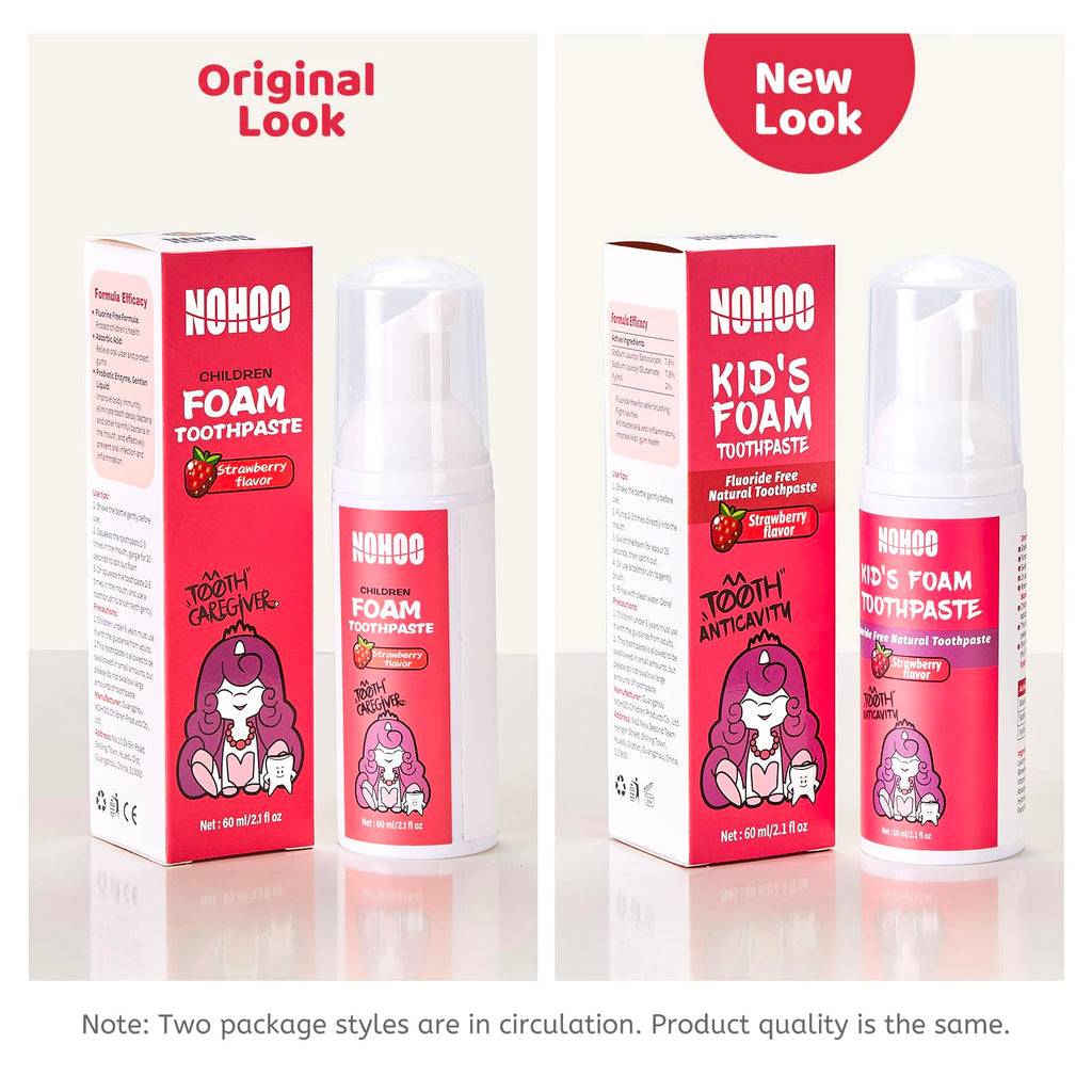 NOHOO Fluoride-Free Strawberry Foam Toothpaste for Kids (2-Pack) - Gentle Training Toothpaste