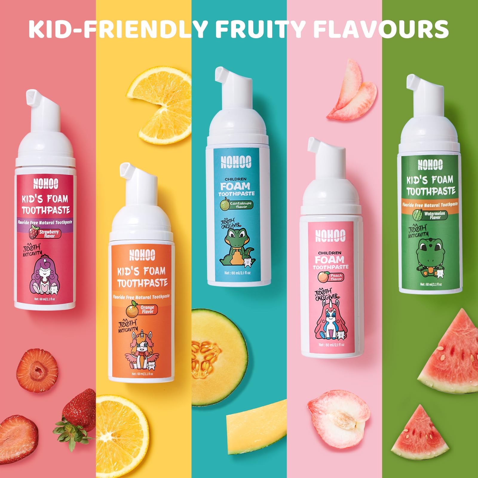 NOHOO Fluoride Free Foam Toothpaste for Kids - Natural Fruit Flavour Strawberry Orange Peach Watermelon