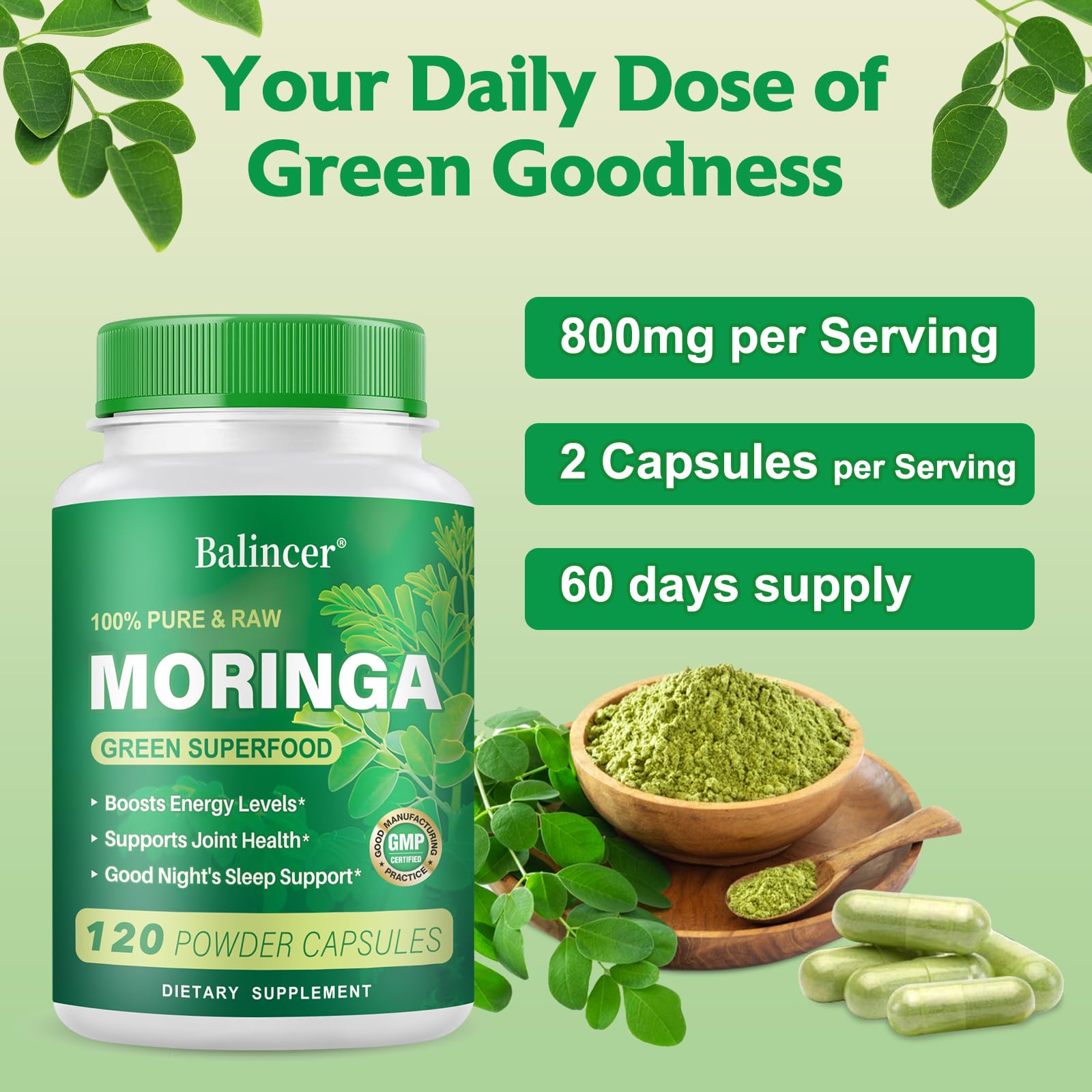 Moringa Powder Capsules | Pure Moringa Leaf – 800mg per Capsule, 120 Vegan Capsules
