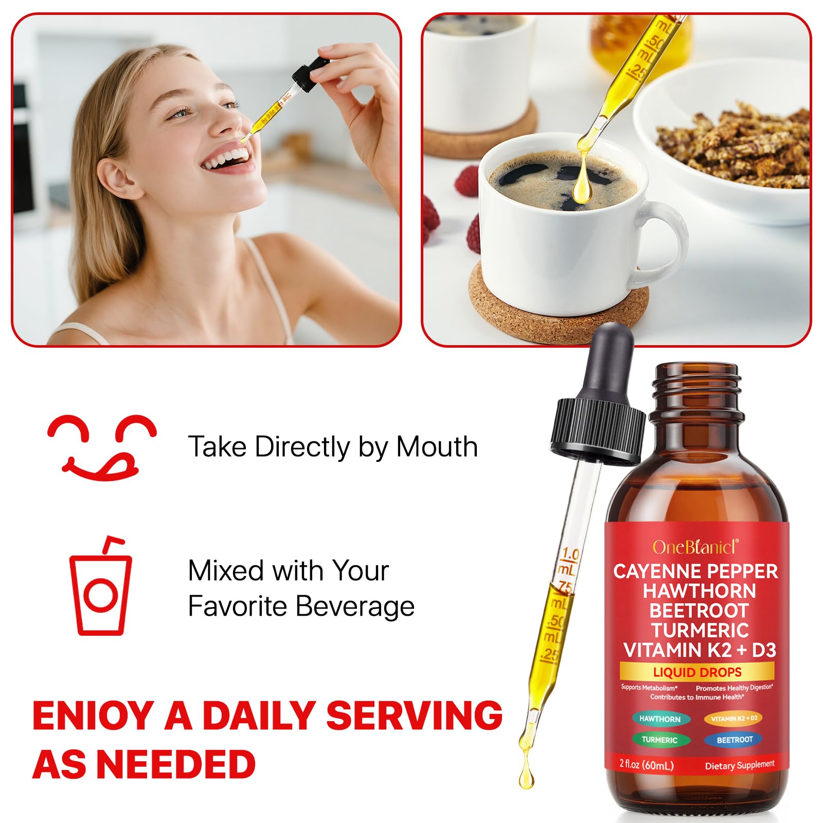 Cayenne Pepper Drops with Hawthorn Berry, Vitamin K2 D3, Beetroot & Turmeric | Vegan Health Supplement 60ml