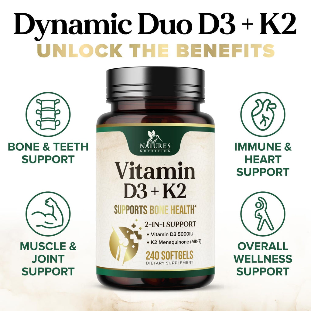 Vitamin D3 K2 5000 IU Plus with K2 MK-7 - 240 Softgels | Non-GMO