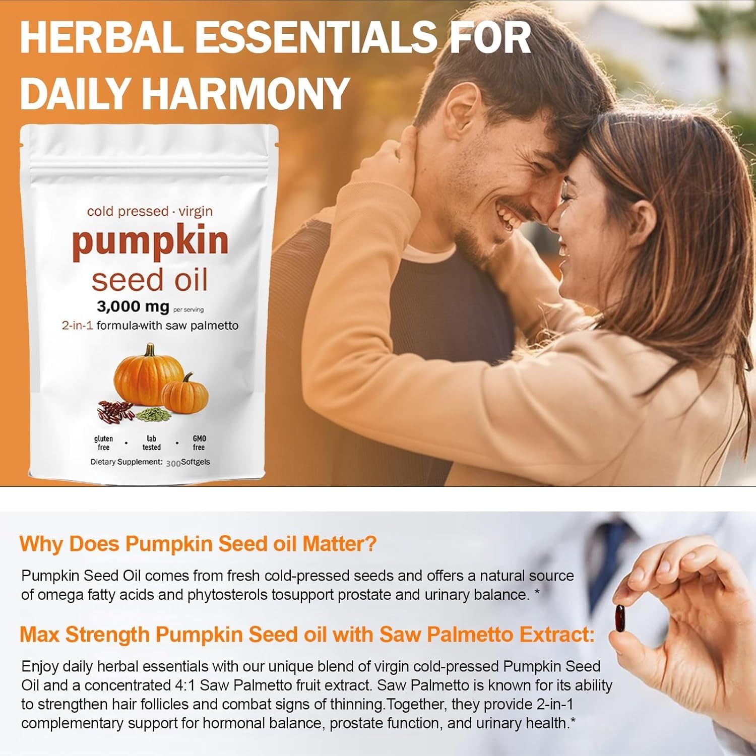 Magic Doll Pumpkin Seed Oil with Saw Palmetto Capsules – Cold Pressed, 300 Softgels | Supports Hair, Urinary, Bladder & Prostate Health | Non-GMO (2 Bags, 300 Count)