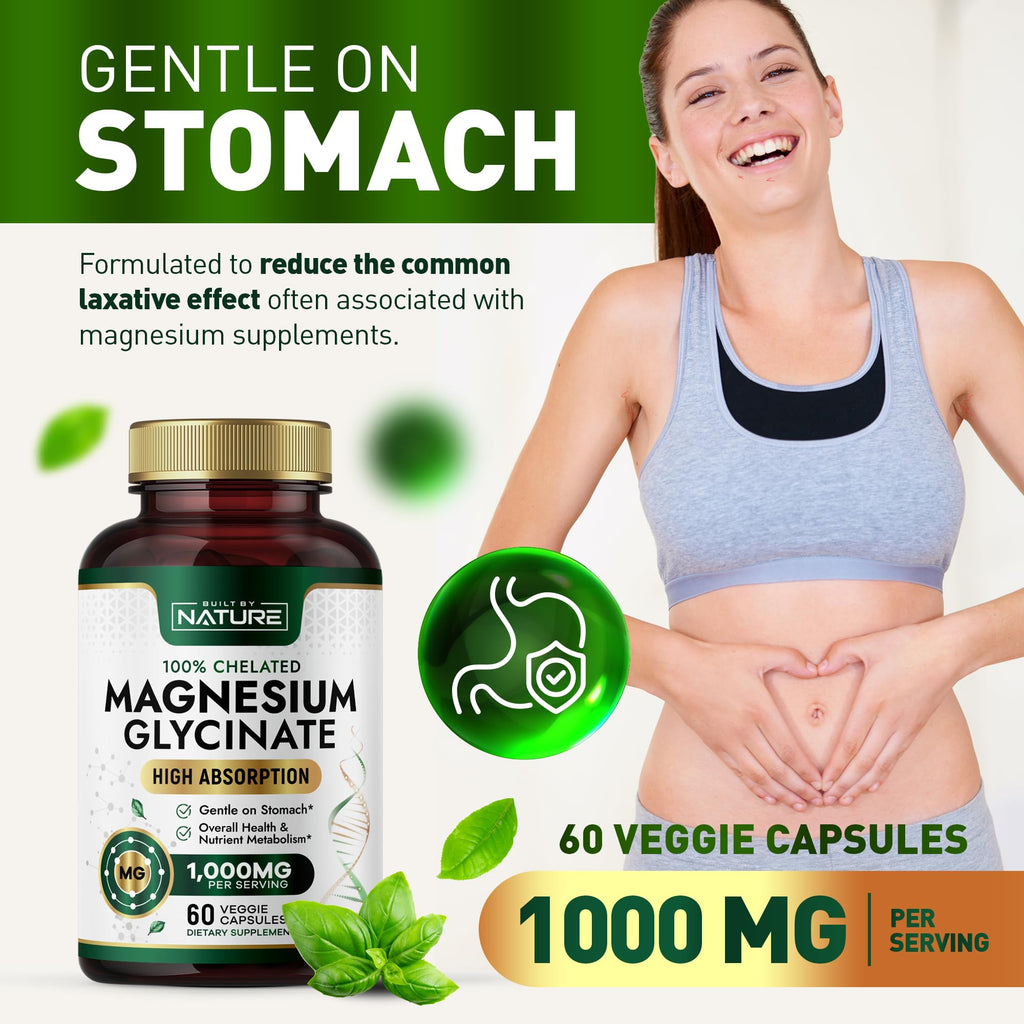 Built By Nature Magnesium Glycinate 1000mg – High Absorption, 100% Chelated, Gentle on Stomach | 60 Capsules