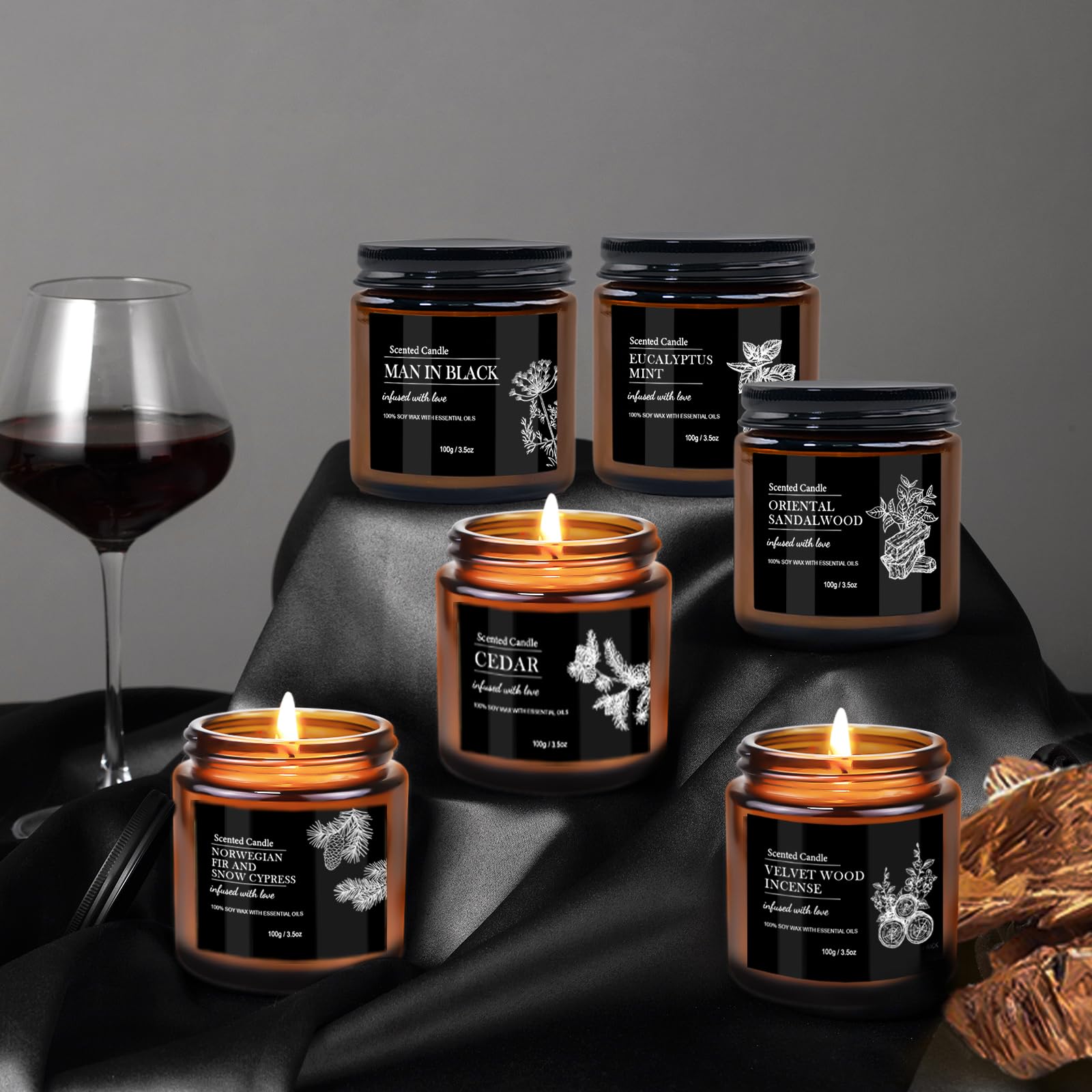 Scented Candles for Men - 6 Pack Aromatherapy Candles | Sandalwood Cedar | 150 Hour Burn Time