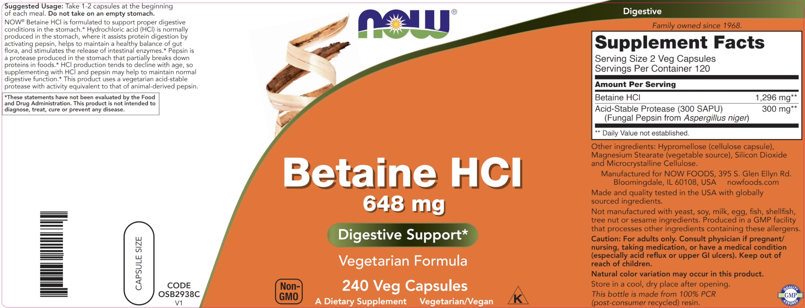 NOW Foods Betaine HCl 648 mg 240 Veg Capsules (Pack of 2) – Digestive Enzymes with Pepsin Protease