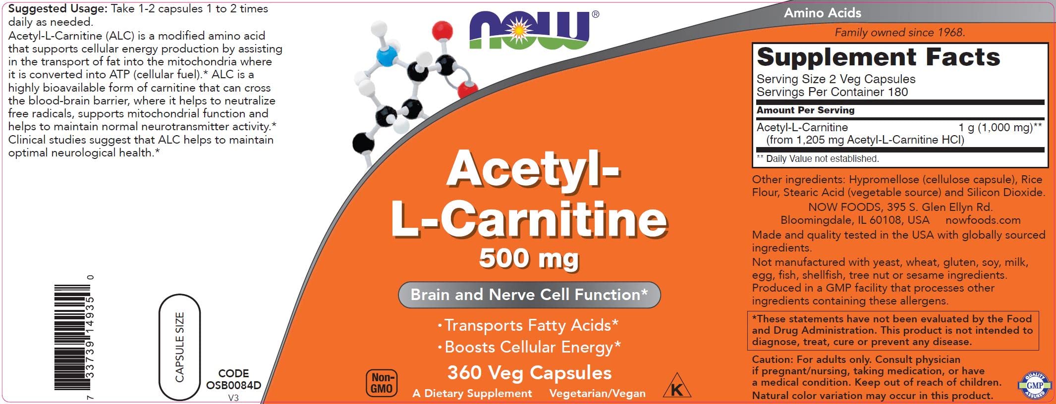 NOW Foods Acetyl L-Carnitine 500mg 2-Pack | 720 Capsules | Non-GMO, Vegan ACL 500 mg
