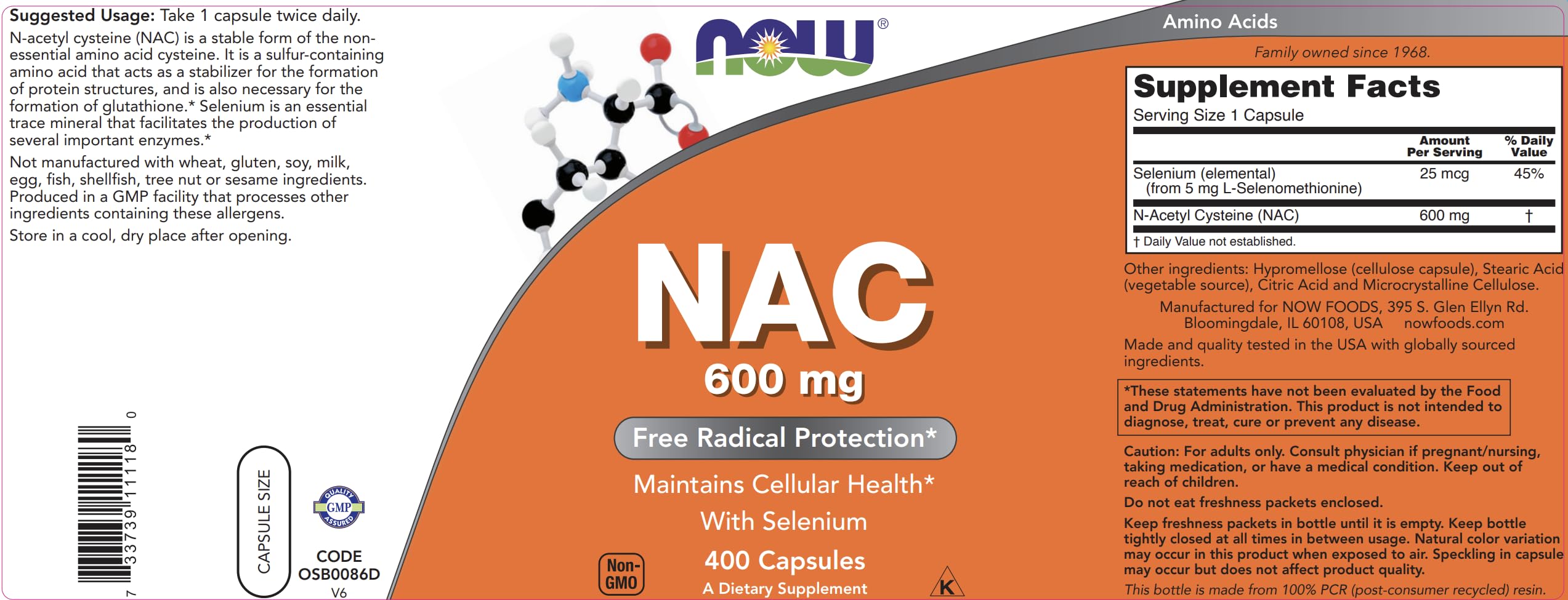 NOW NAC 600 mg, 400 Capsules (Pack of 2) – N-Acetyl Cysteine with Selenium