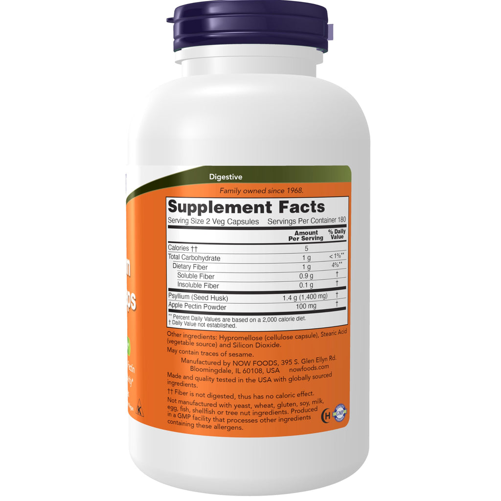 NOW Foods Psyllium Husk Caps 700 mg with 50 mg Apple Pectin – Intestinal Health & Regularity | 360 Veg Capsules