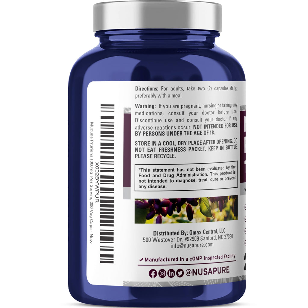 NusaPure Mucuna Pruriens 1000mg | 200 Veggie Caps – Non-GMO, Vegan