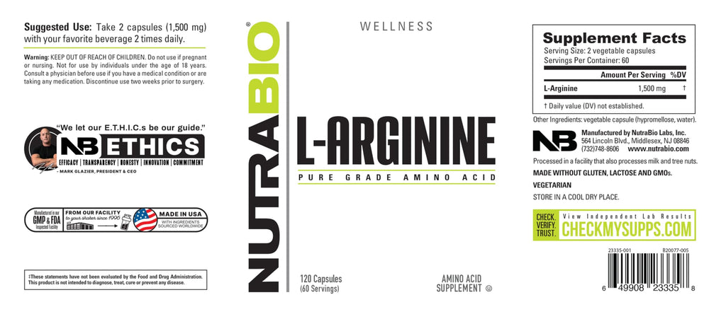 NutraBio L-Arginine 750mg – Nitric Oxide Precursor, Blood Flow & Muscle Growth | 120 Capsules