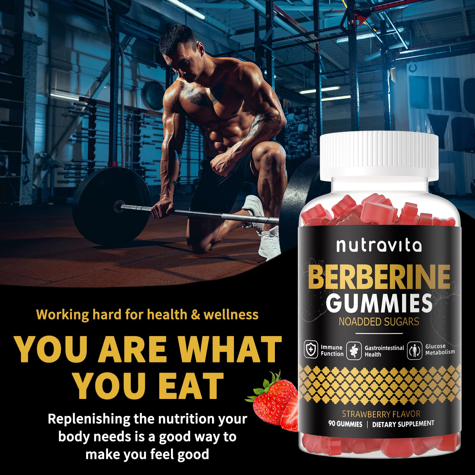 Nutravita Berberine Gummies 1500mg – Sugar Free Strawberry Flavor for Immune & Metabolism Support