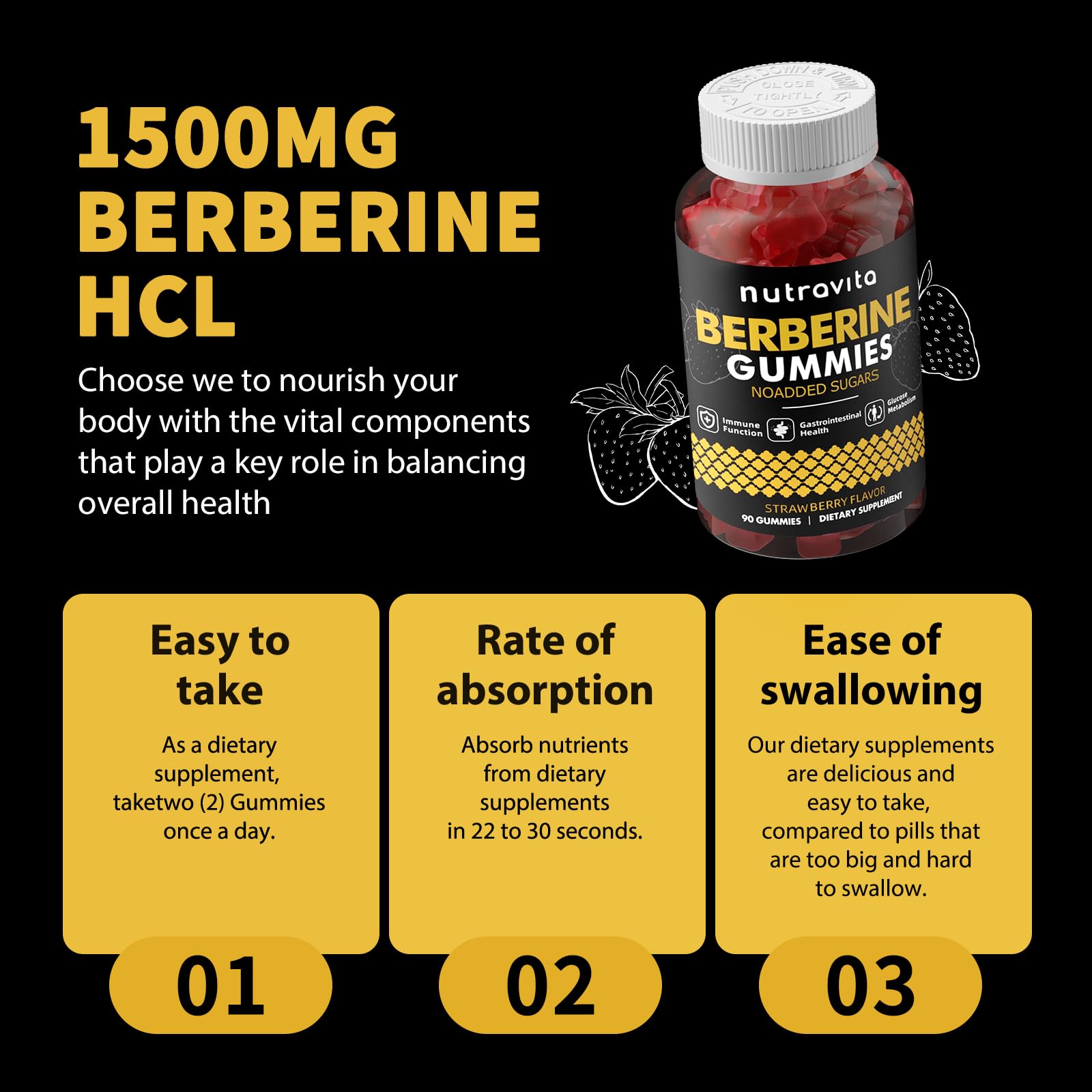 Nutravita Berberine Gummies 1500mg with Ceylon Cinnamon – Sugar Free Strawberry (2-Pack)