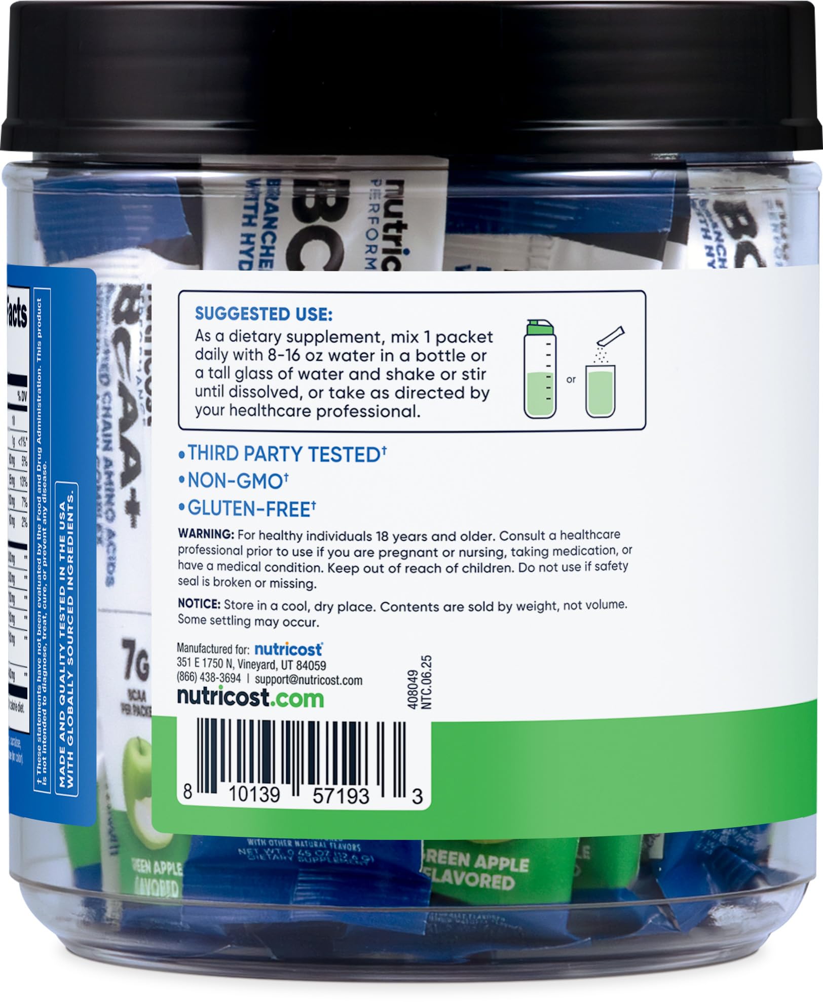 Nutricost BCAA+ Hydration Green Apple - 20 Stickpacks | Gluten-Free, Non-GMO