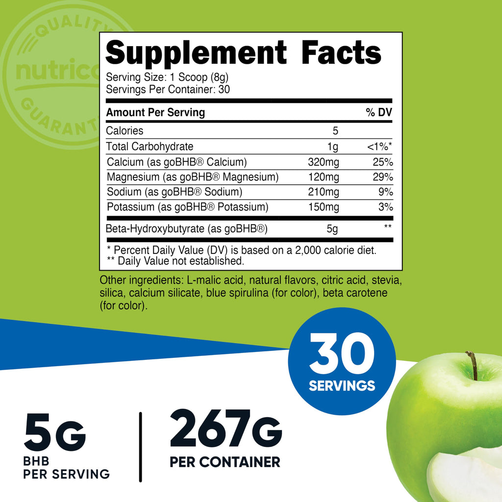 Nutricost BHB Salts Drink Mix – Green Apple, 30 Servings, 5g BHB per Serving