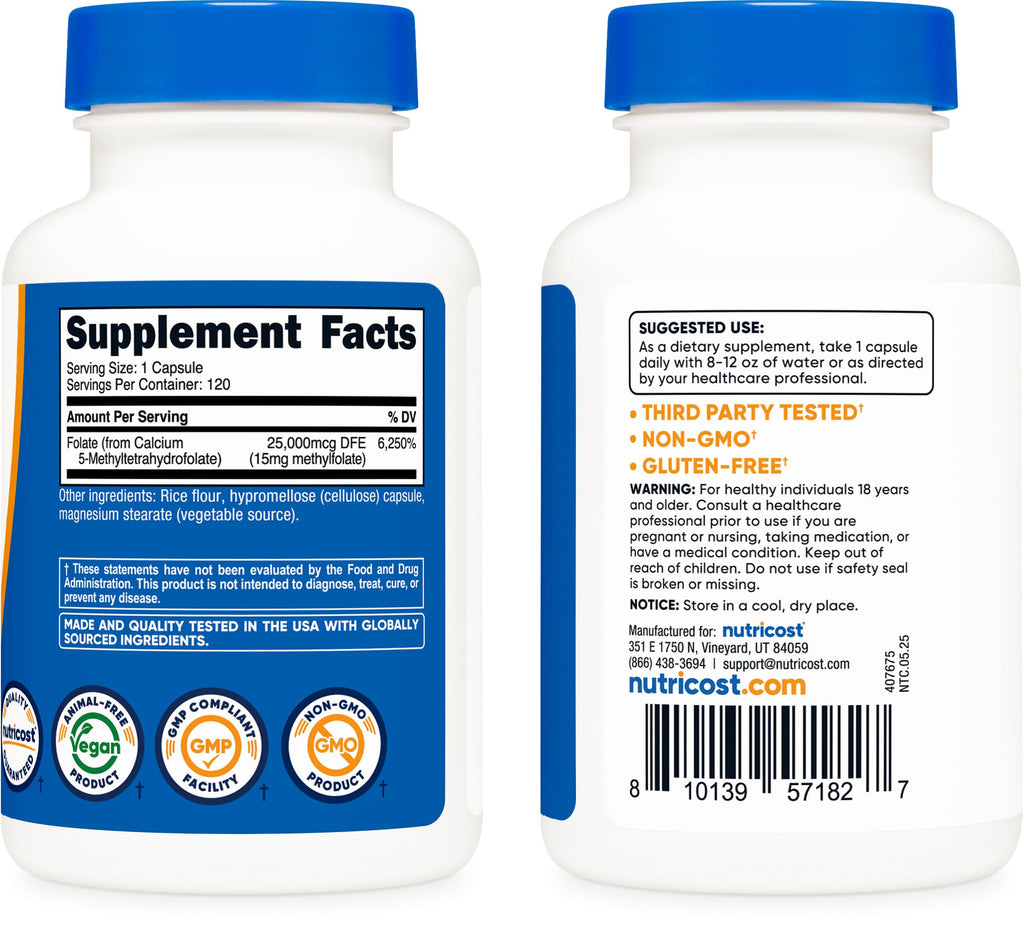 Nutricost L-Methylfolate 15mg, 120 Capsules (5-MTHF) - Vegan, Non-GMO, Gluten Free