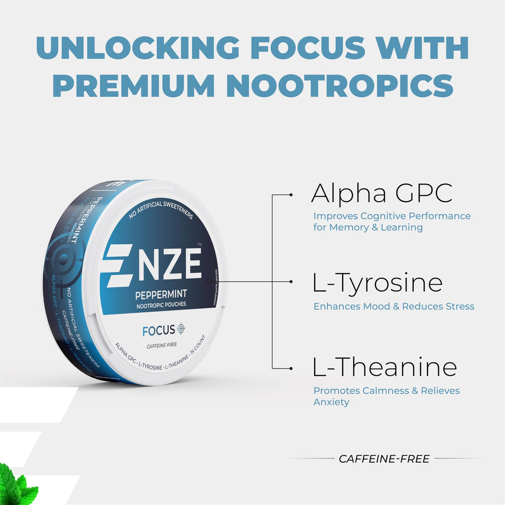 NZE Caffeine Free Nootropic Pouches (Peppermint) - 5 Can Pack | Alpha GPC, L-Tyrosine & L-Theanine