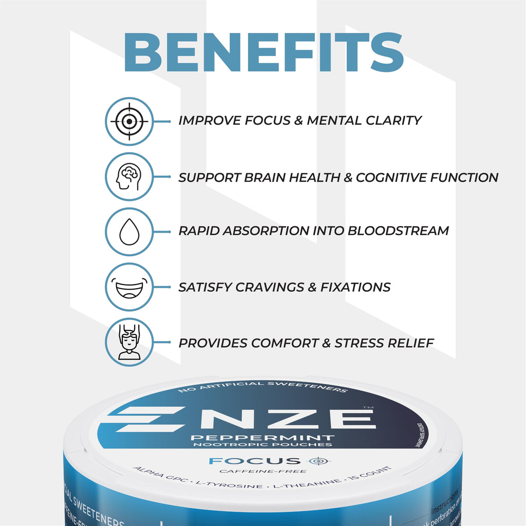 NZE Caffeine Free Nootropic Pouches (Peppermint) - 5 Can Pack | Alpha GPC, L-Tyrosine & L-Theanine